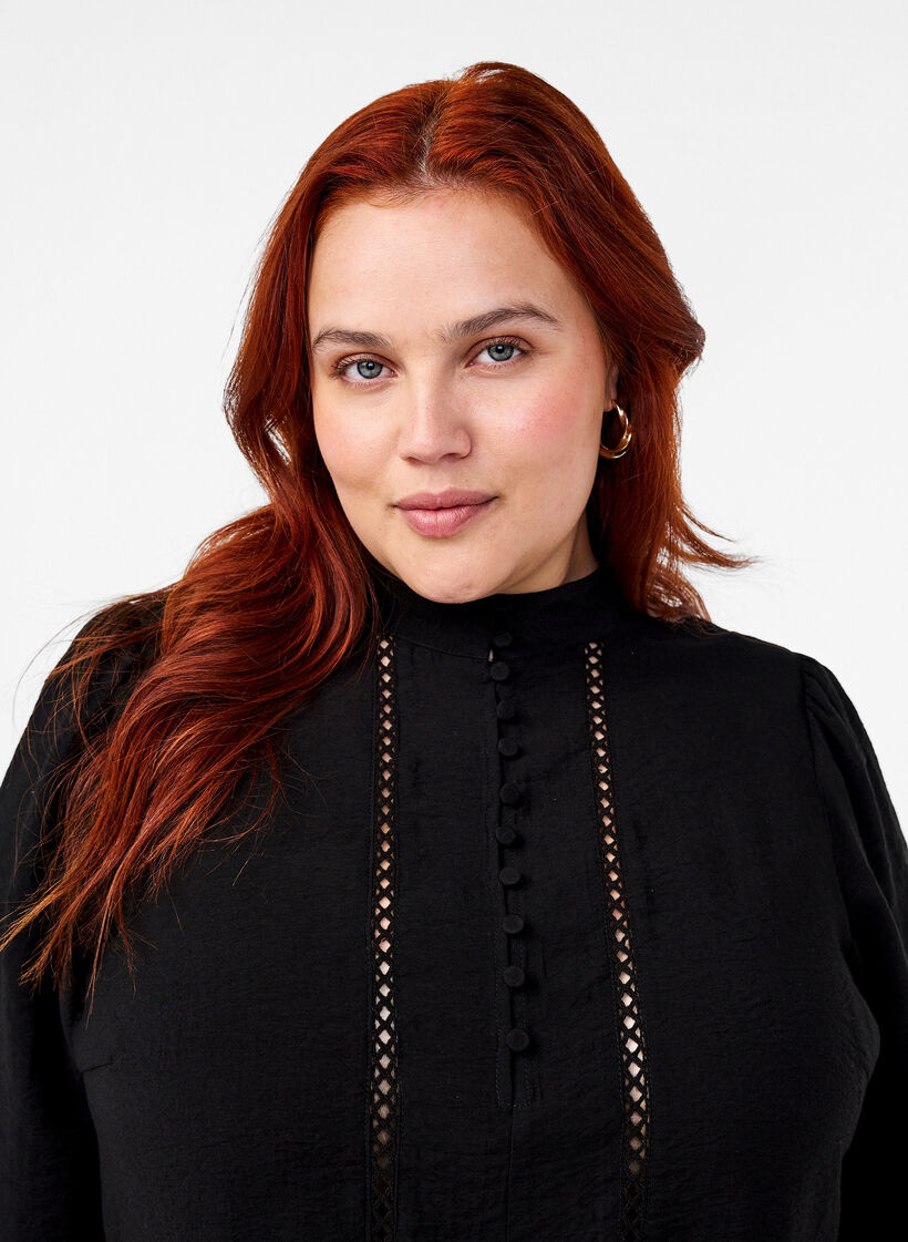 Knielange jurk met borduursel en 3/4 mouwen, Black, Model image number 2