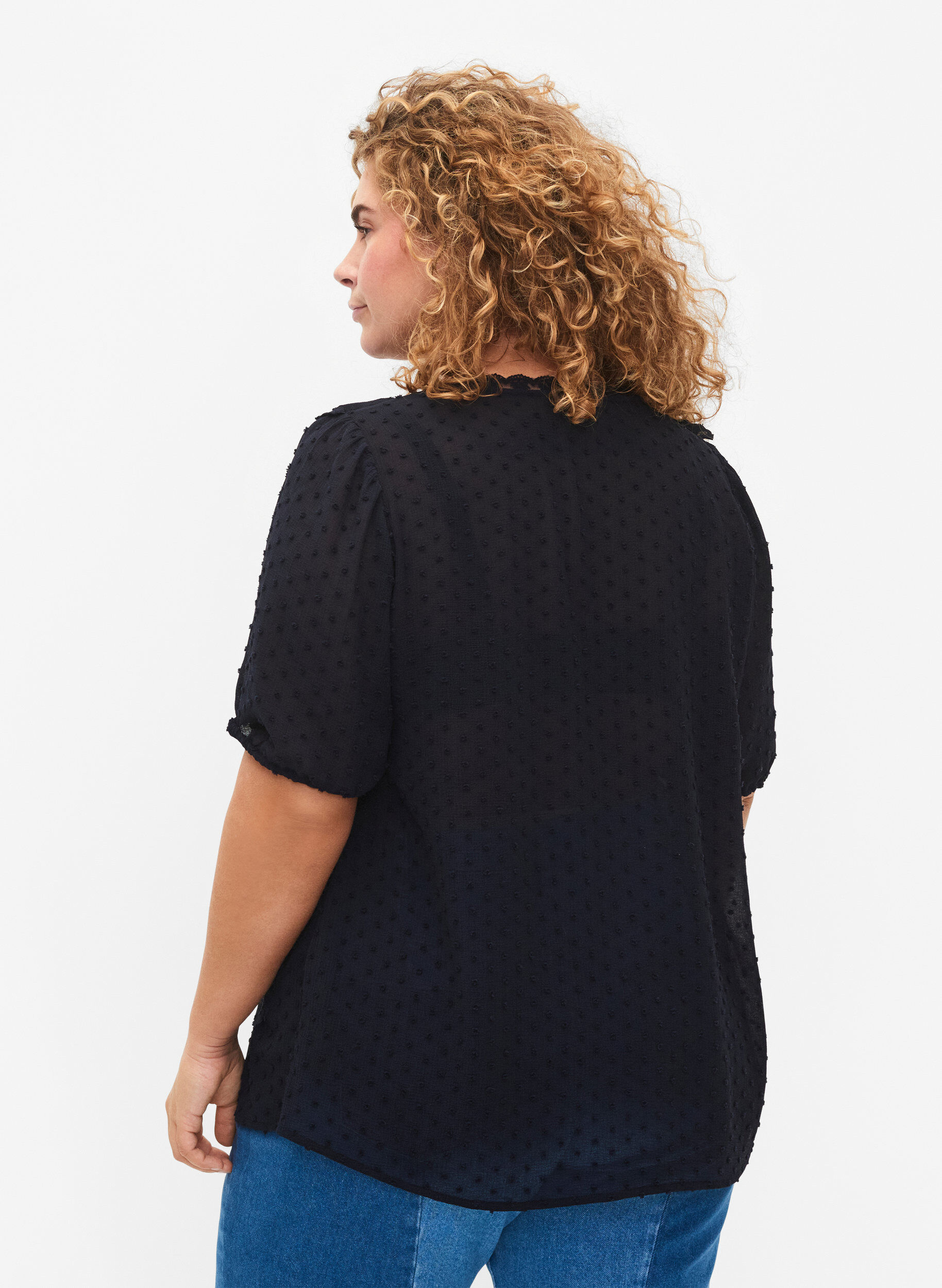 Zizzi Blouse met korte mouwen en gestippelde structuur, Night Sky, Model image number 1