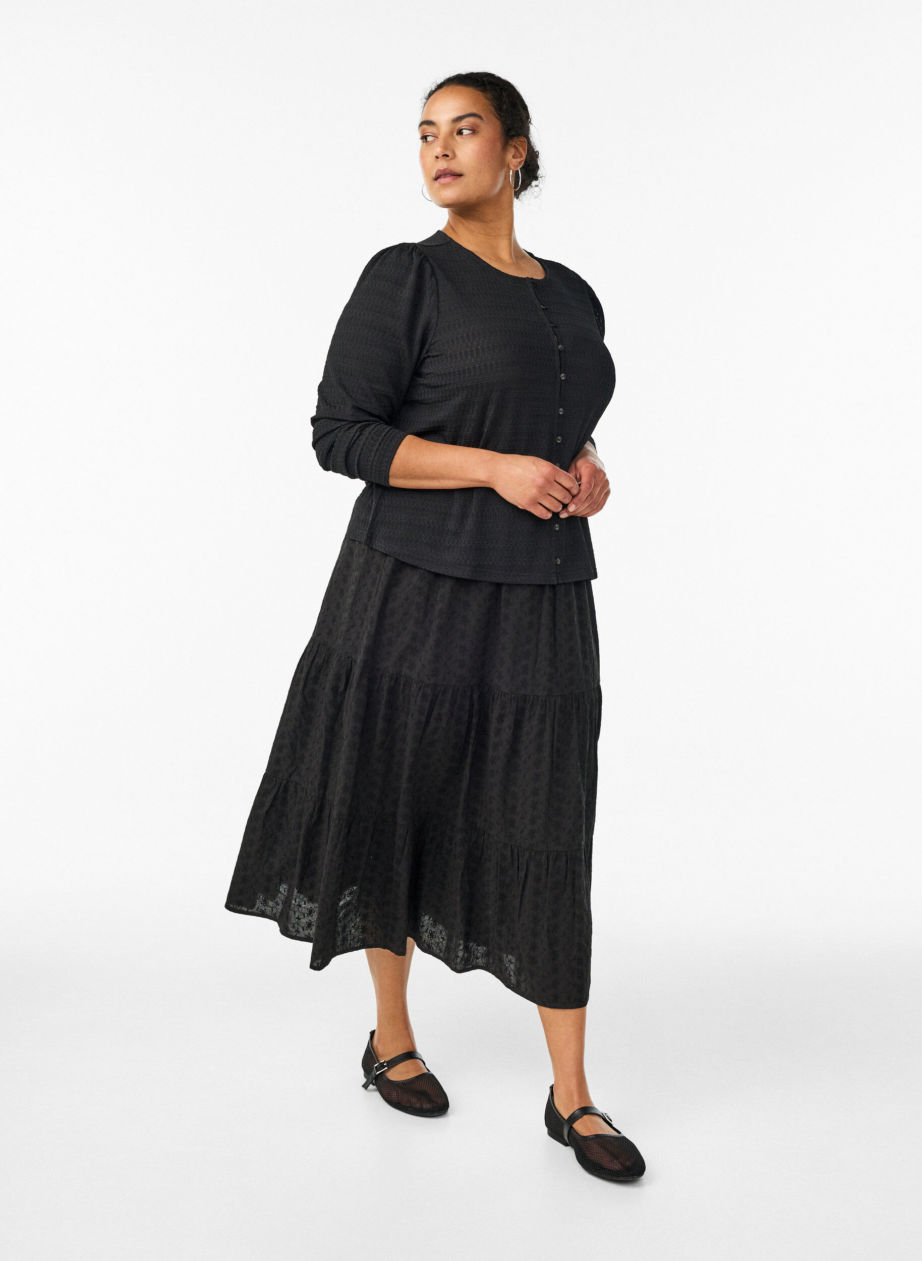 Zizzi Enkellange katoenen rok met gesmokte taille, Zwart, Model image number 0