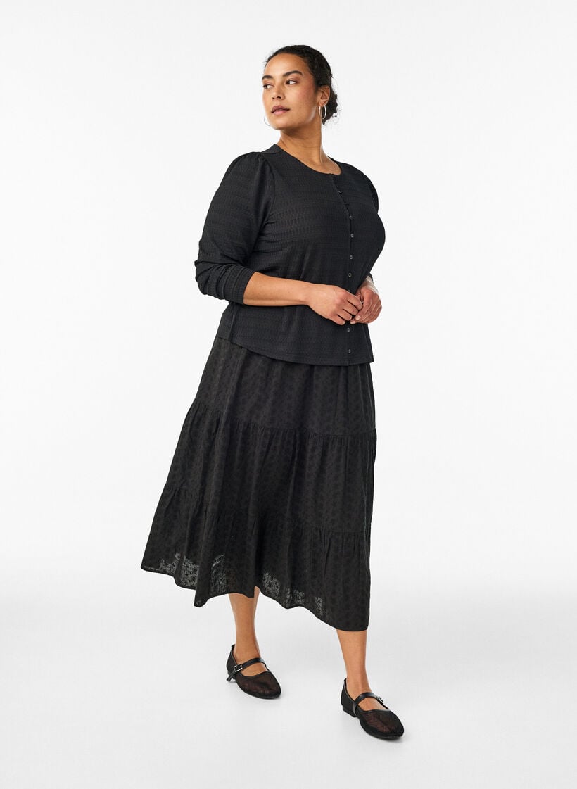 Enkellange katoenen rok met gesmokte taille, Zwart, Model image number 0