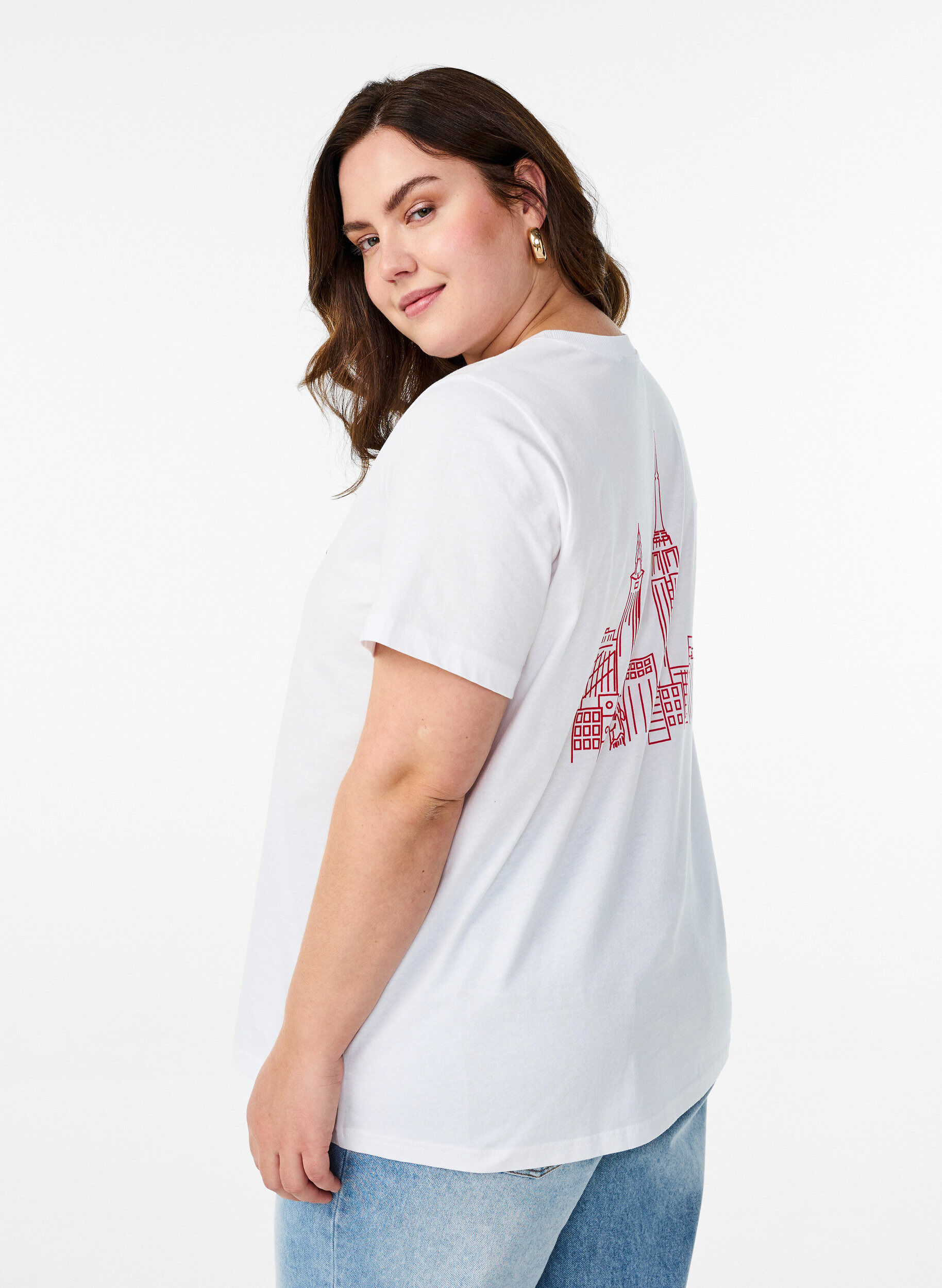 Zizzi Basic katoenen T-shirt met ronde hals, Wit, Model image number 2