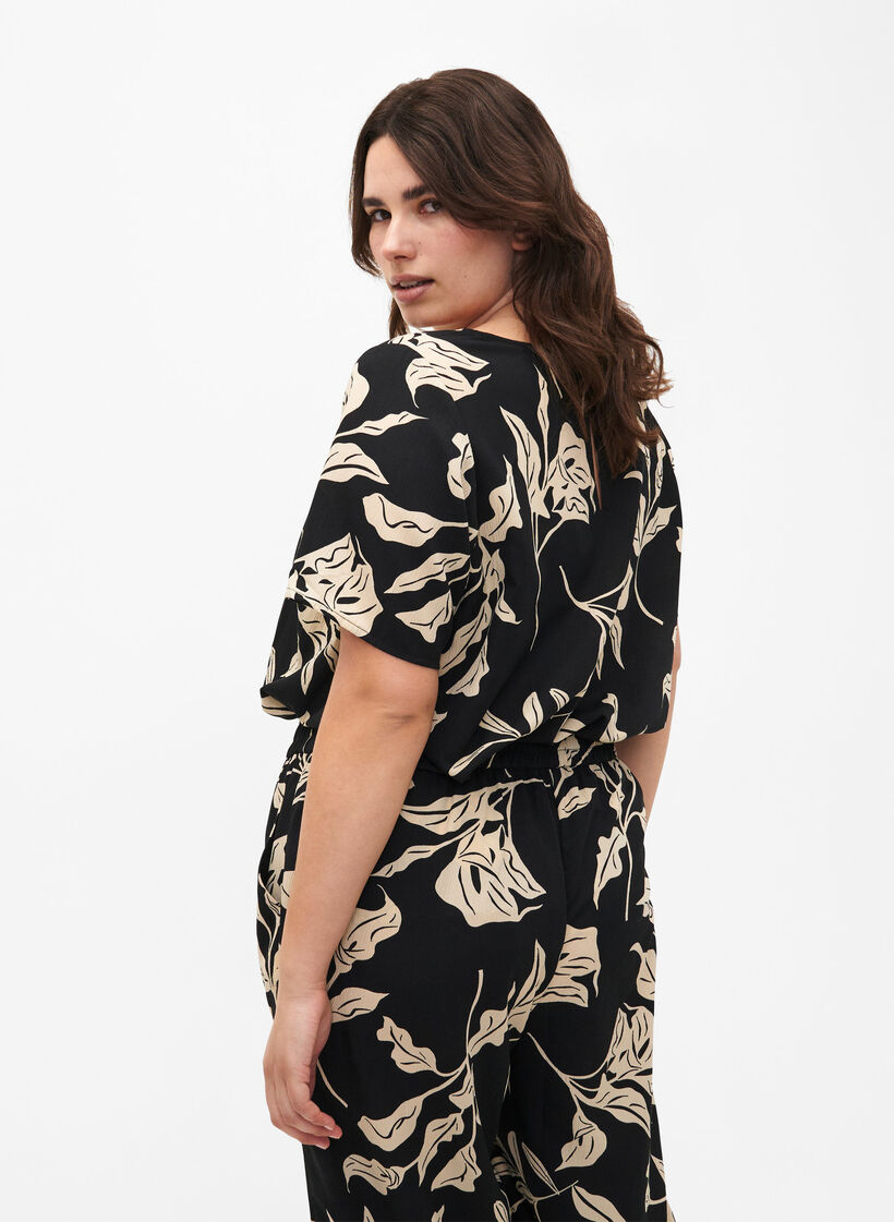 FLASH - Blouse met korte mouwen en print, Black Off White Fl., Model image number 1