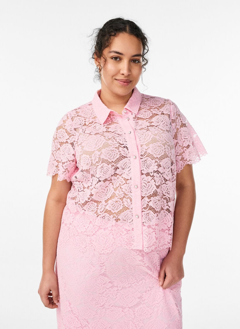 Kanten shirt blouse met parelknopen, Roze, Model image number 0