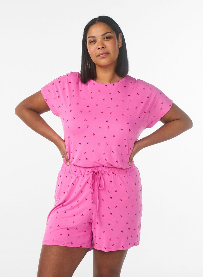 Pyjama T-shirt in viscose met all-over print, Roze, Model image number 0