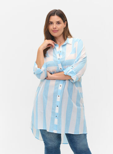 Gestreepte katoenen blouse met 3/4 mouwen, Blue Bell Stripe, Model image number 0
