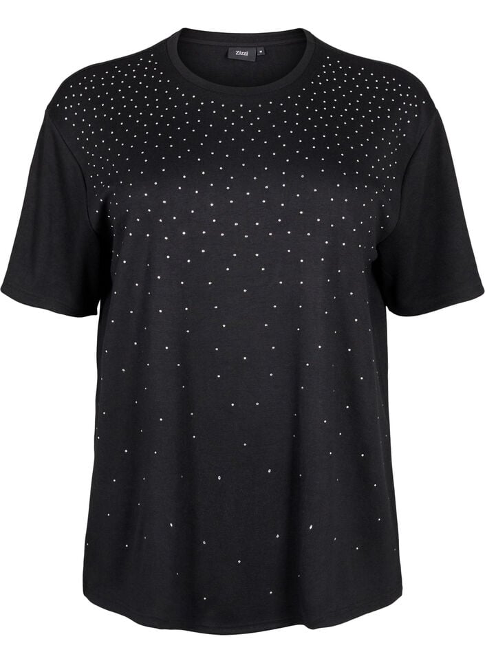 T-shirt met strass-steentjes en ronde hals, Zwart, Packshot image number 0