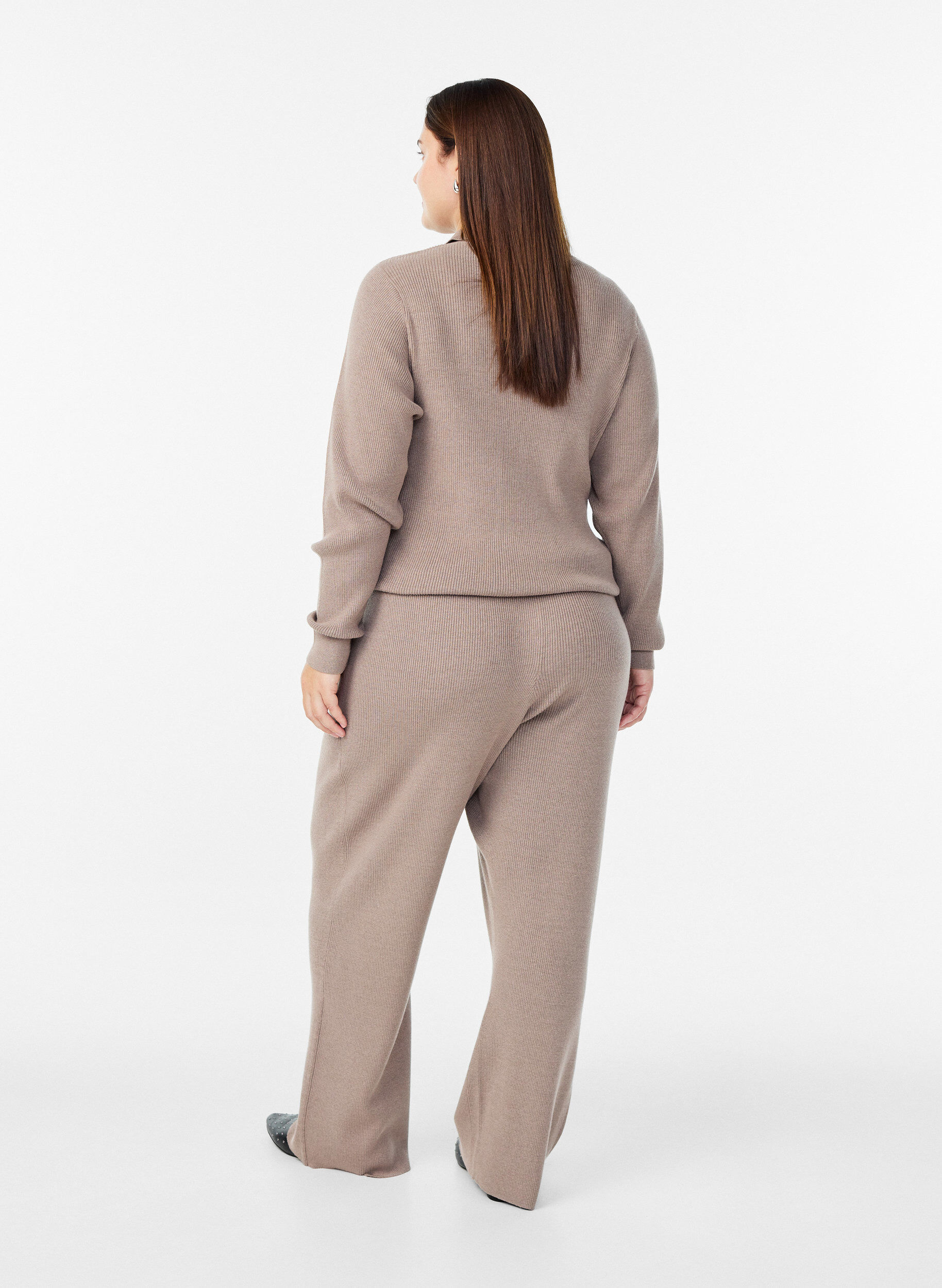 Zizzi Ribgebreide broek met hoge taille en rechte pijpen, Beige, Model image number 1