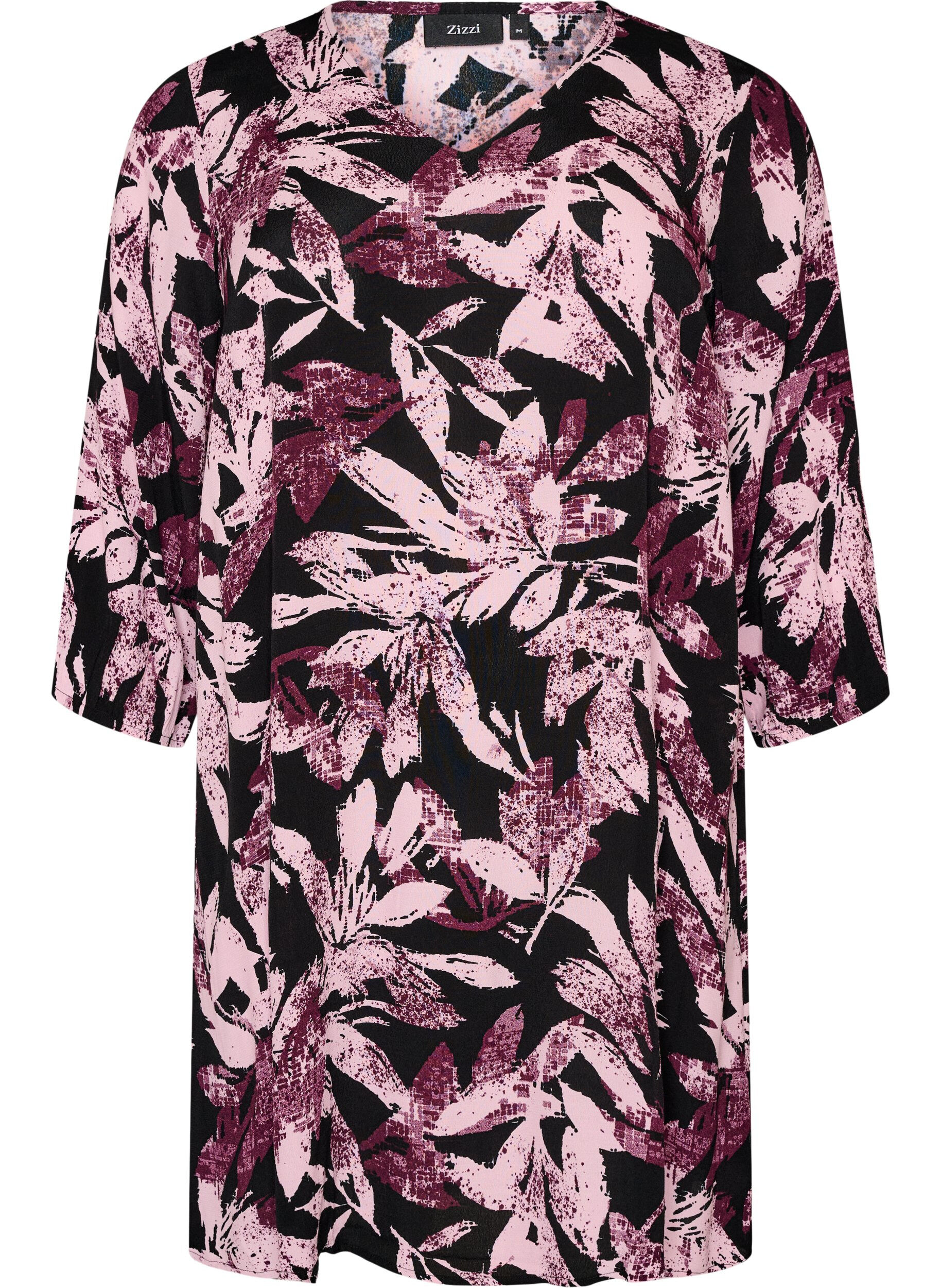 ZizziKorte viscose jurk met bloemenprint en 3/4 mouwen, Zwart, Packshot image number 0