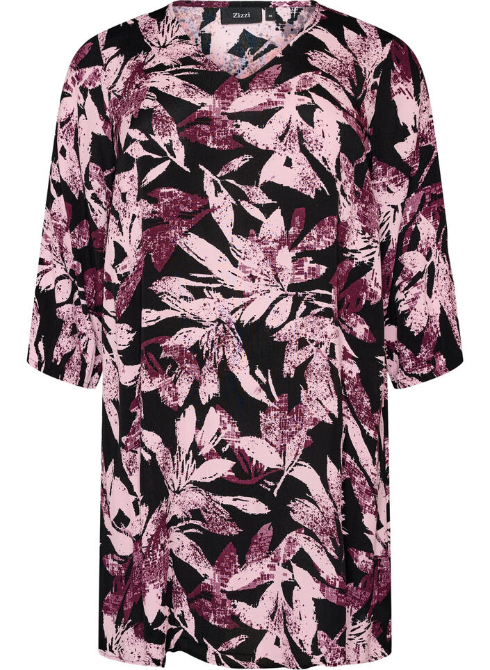 Korte viscose jurk met bloemenprint en 3/4 mouwen, Zwart, Packshot image number 0