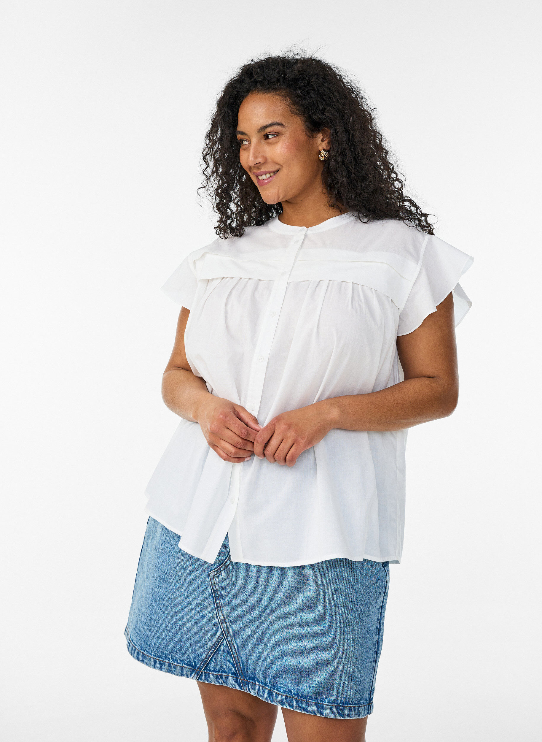 ZizziMouwloze A-lijn katoenen blouseshirt, Wit, Model image number 0