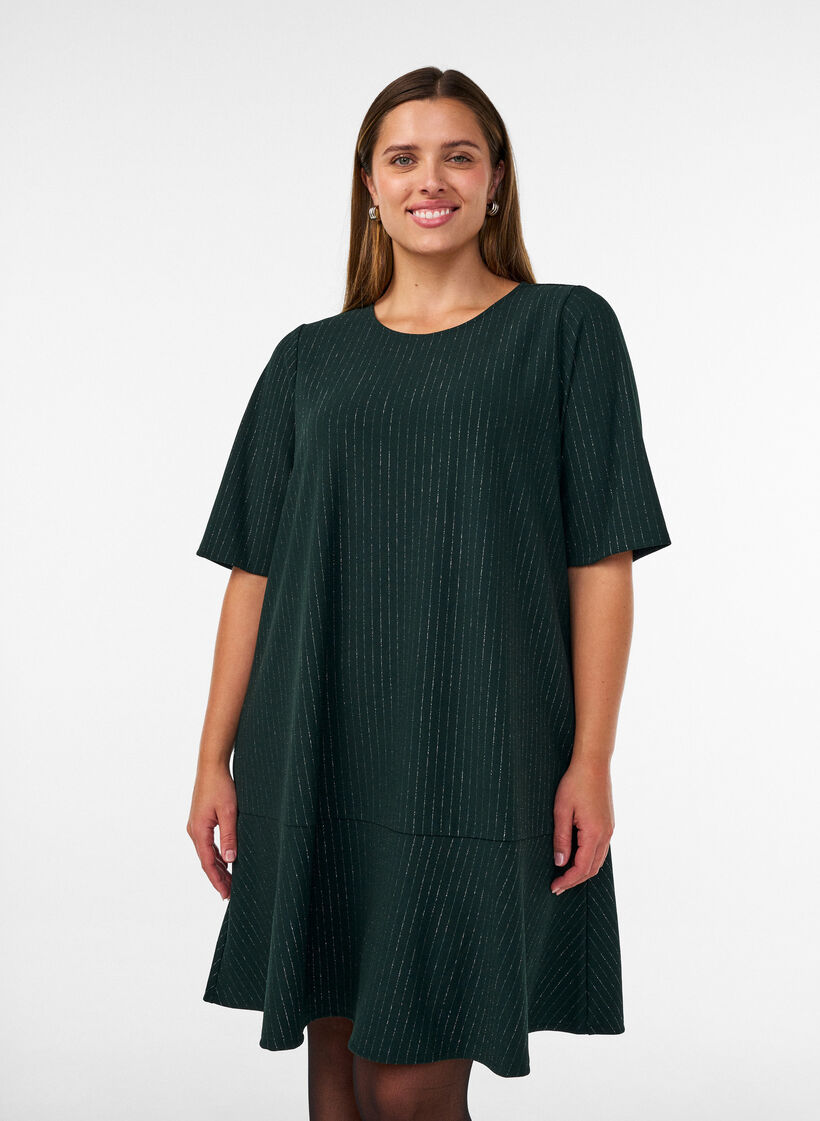 Korte A-lijnjurk met glitterstrepen, Groen, Model image number 0