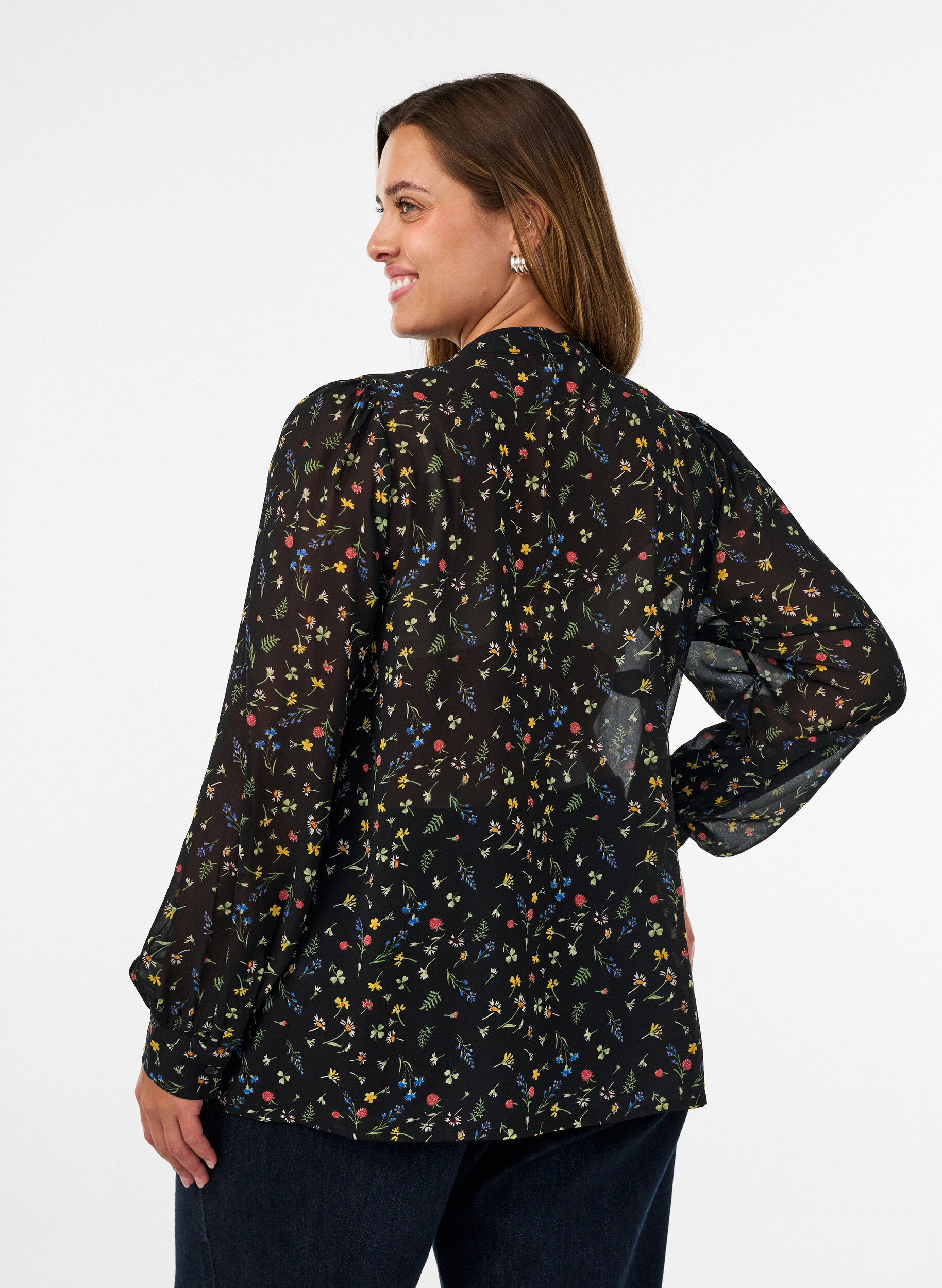 ZizziBlouse met all-overprint en korte knoopsluiting, Zwart, Model image number 2