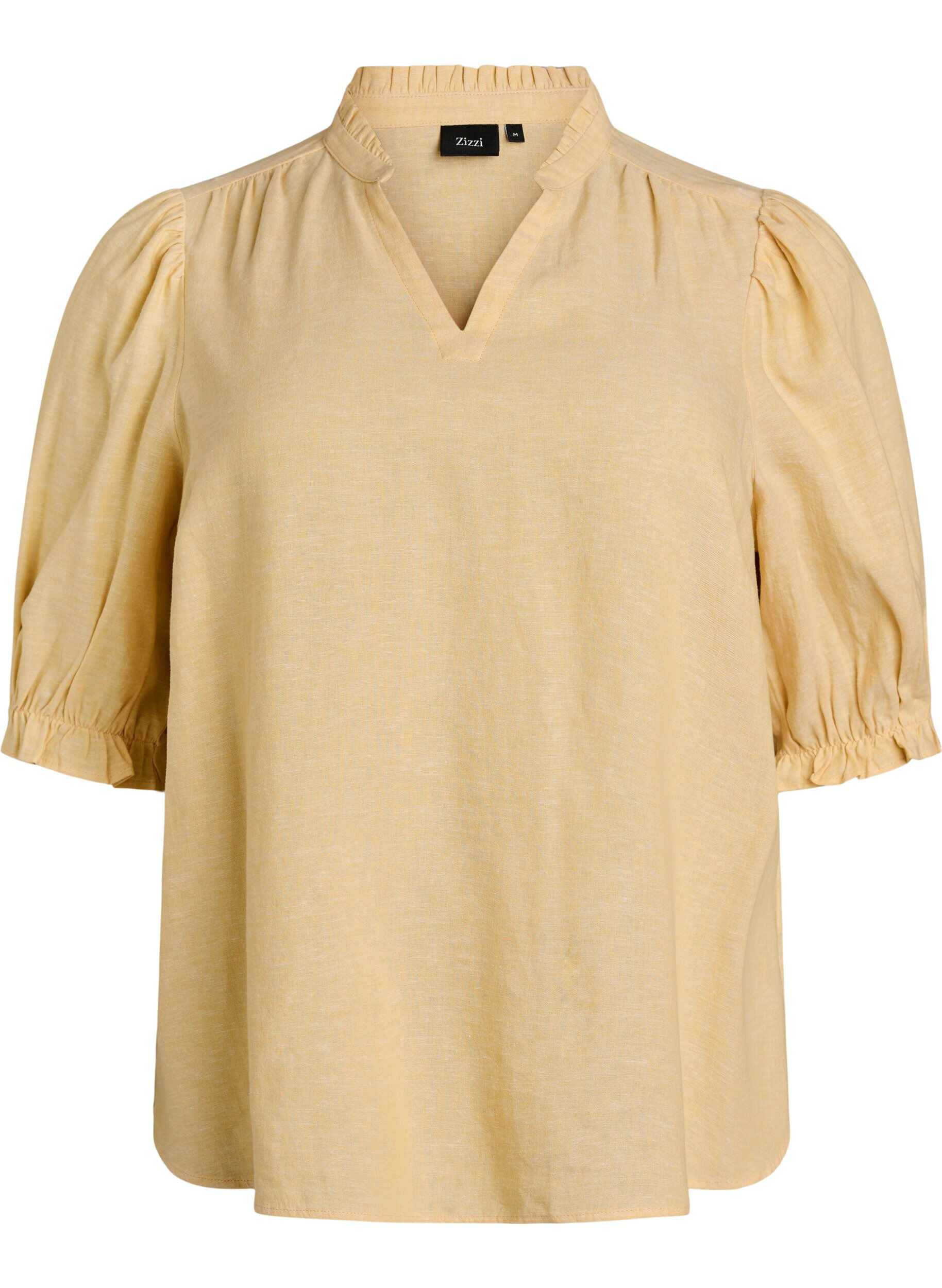 Zizzi Blouse in linnen en viscose met mouwen 1/2, Geel, Packshot image number 0