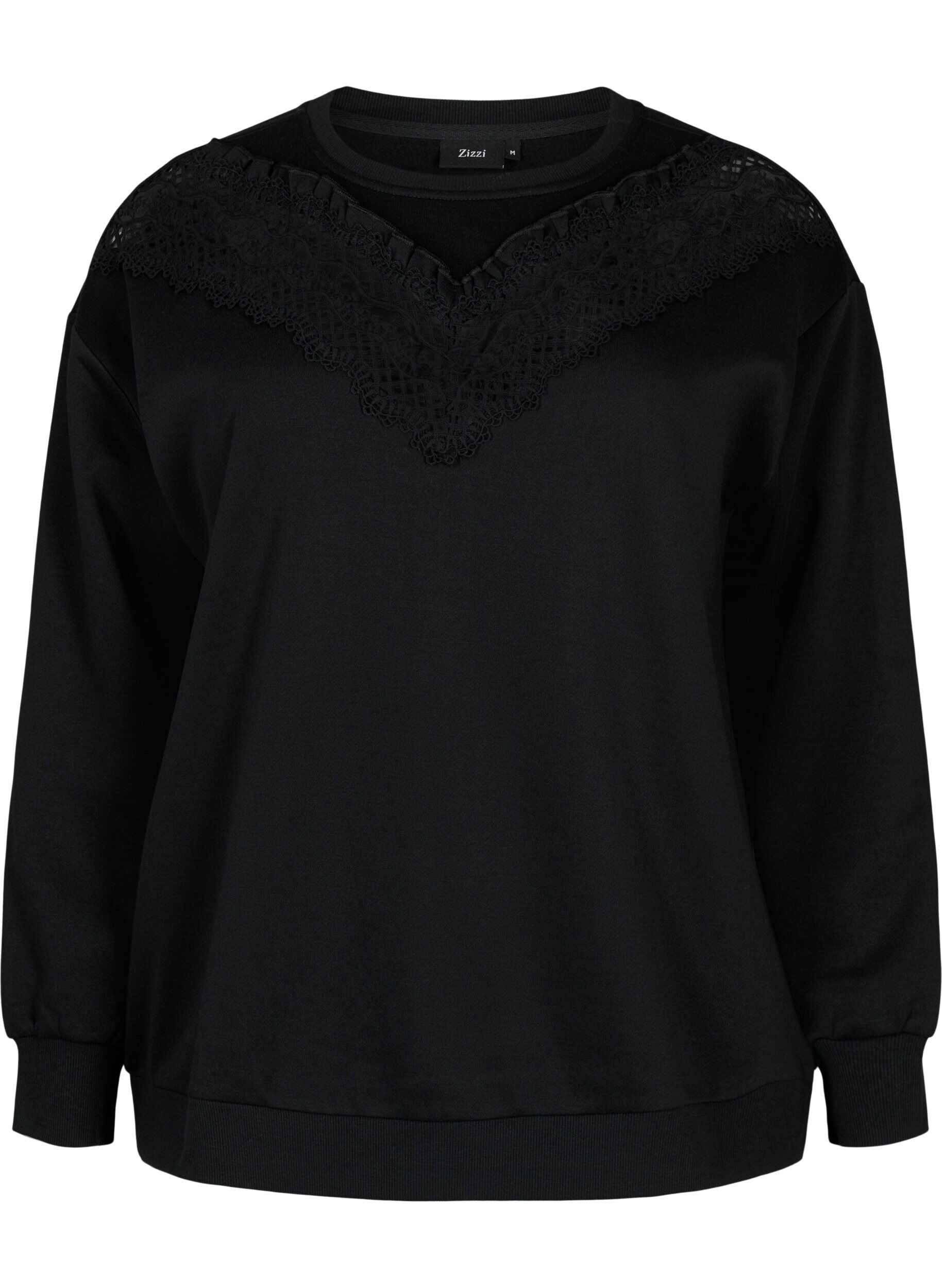 Zizzi Sweatshirt met ruches en gehaakt detail, Black, Packshot image number 0
