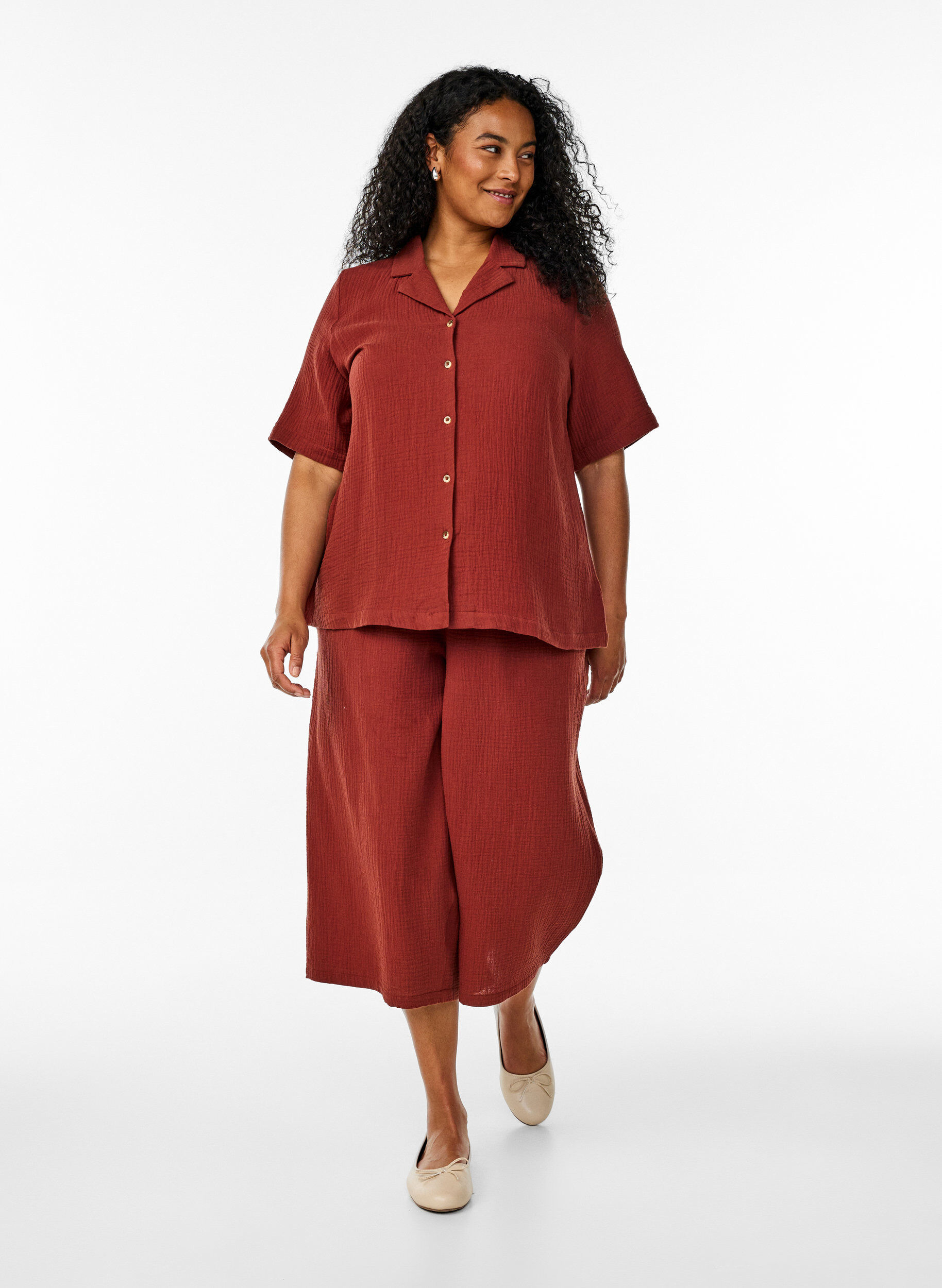 Zizzi Culotte broek van katoen met hoge taille, Rood, Model image number 0