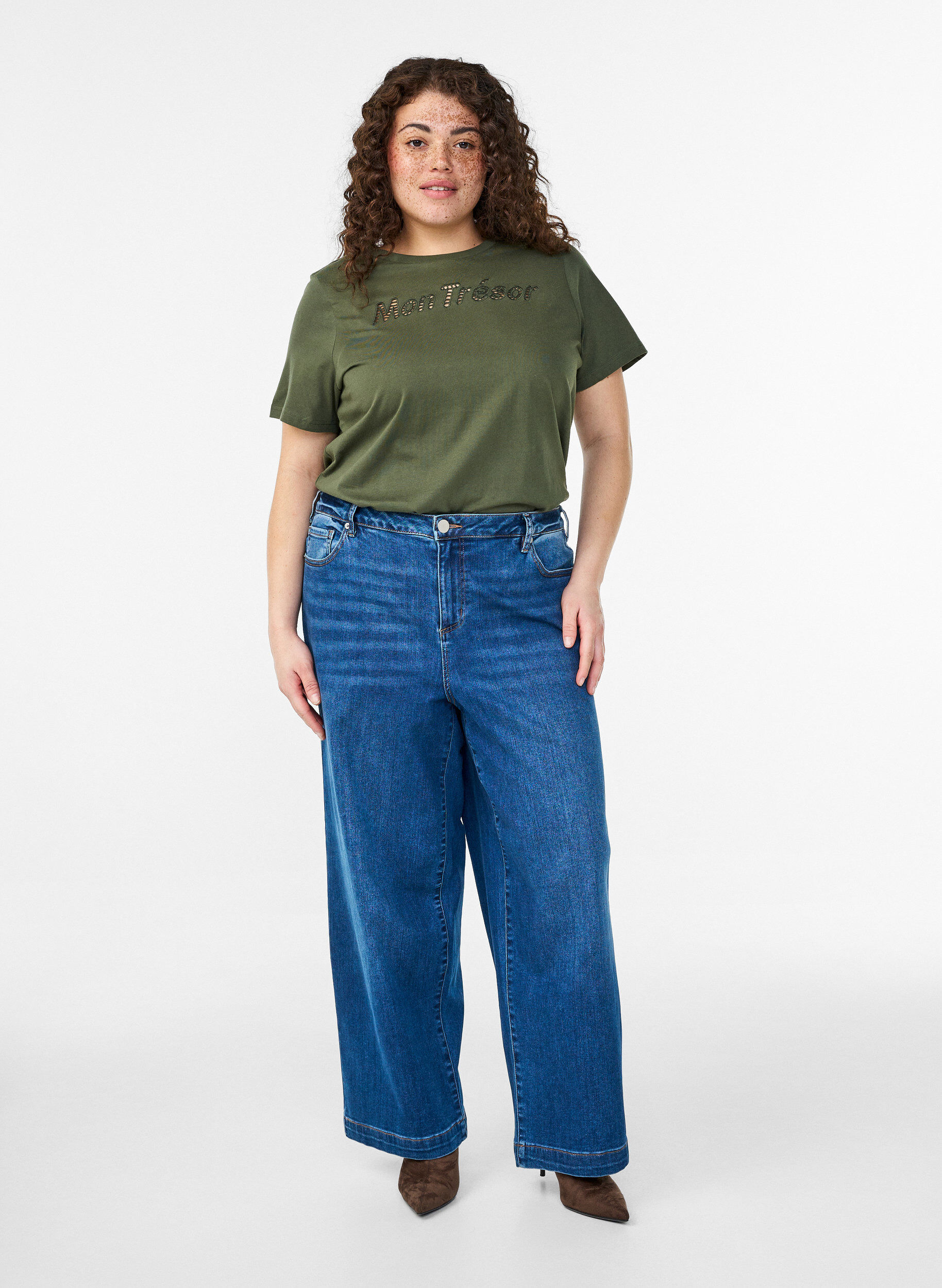 Zizzi Katoenen T-shirt met decoratief detail vooraan, Groen, Model image number 1