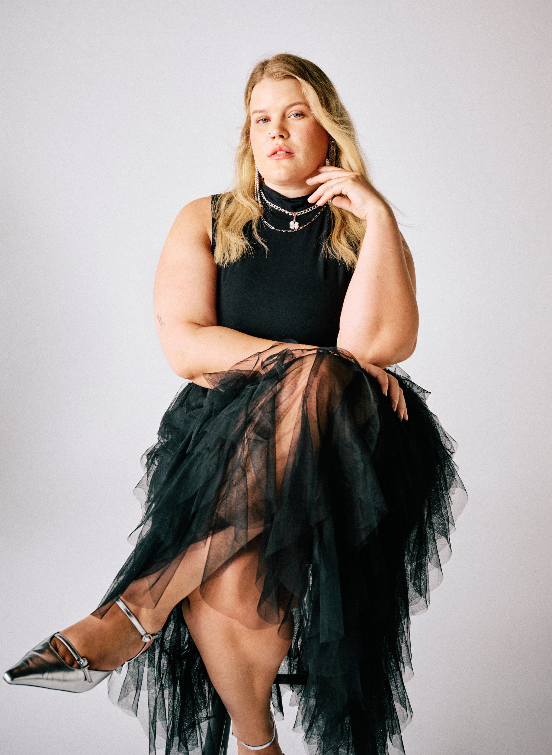 Zizzi Midirok van tule met elastische tailleband, Zwart, Image image number 0