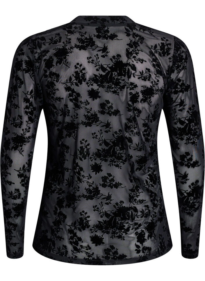 Mesh blouse met bloemenpatroon, Zwart, Packshot image number 1