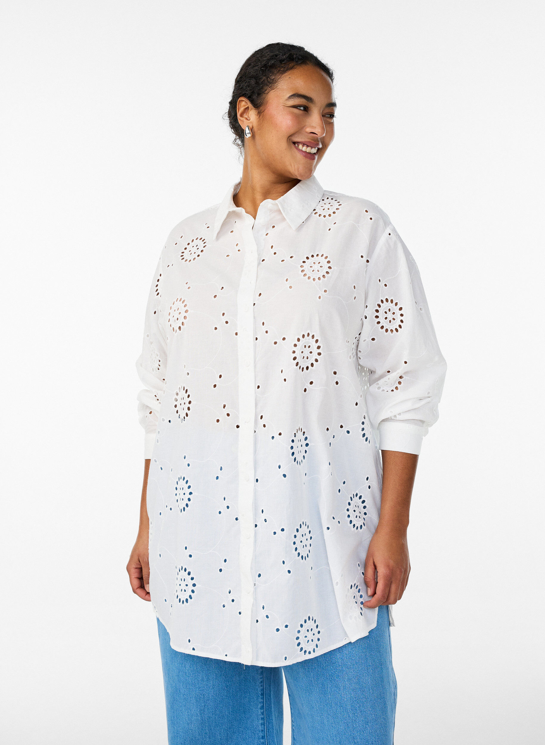 Zizzi Katoenen tuniek met broderie anglaise, Wit, Model image number 0
