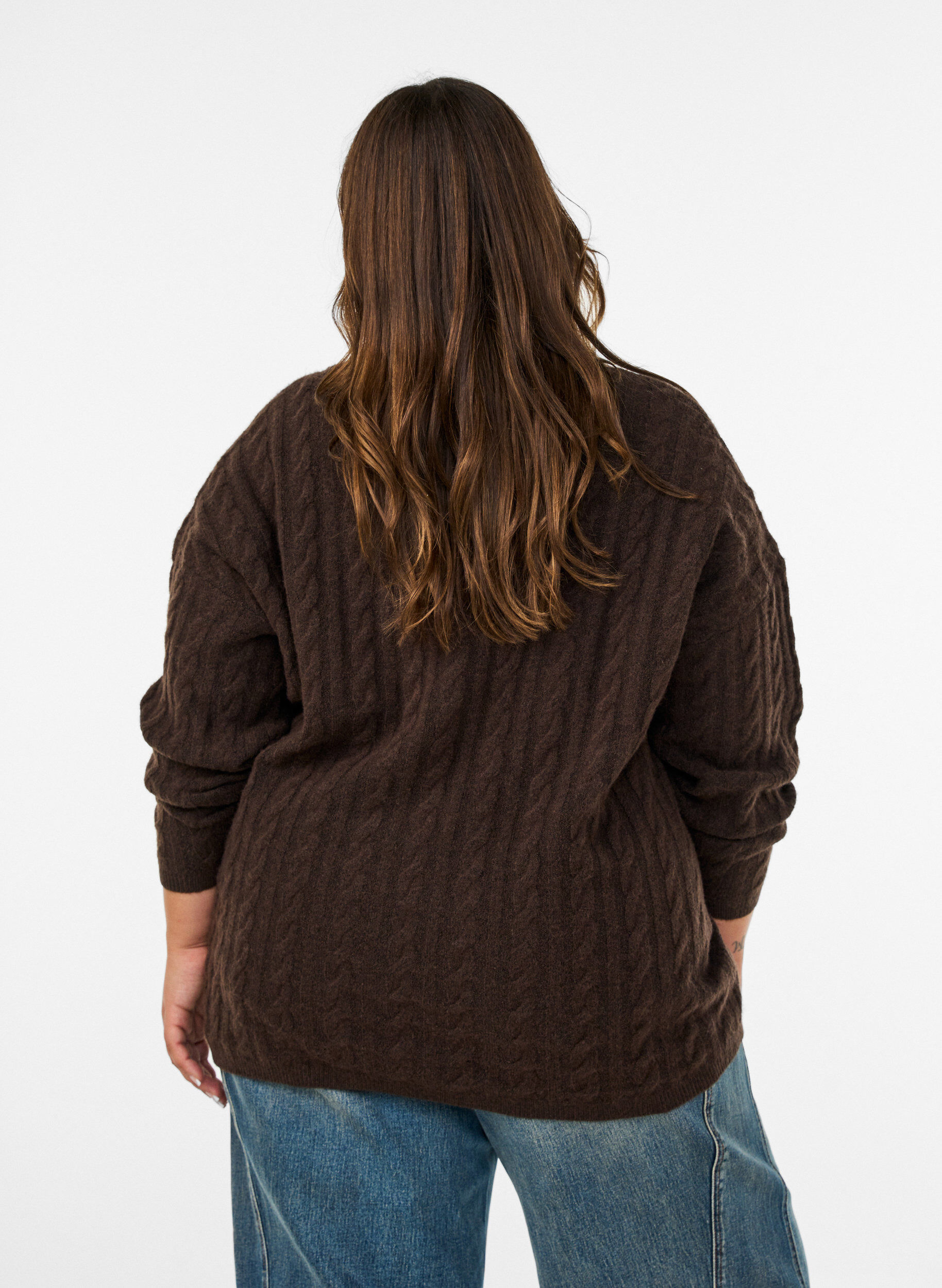 ZizziGebreide blouse met kabelpatroon en V-hals, Bruin, Model image number 2