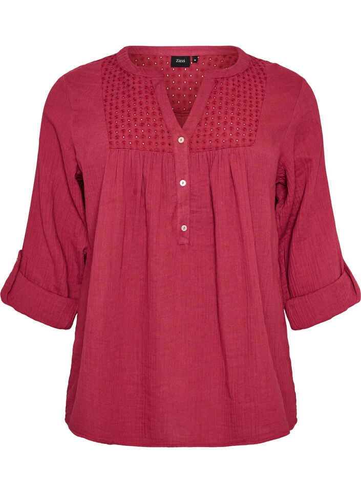 Blouse in katoenen mousseline met broderie anglaise, Rood, Packshot image number 0