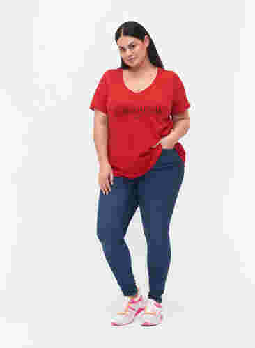 Katoenen t-shirt met tekstopdruk en v-hals, Tango Red ORI, Model image number 2
