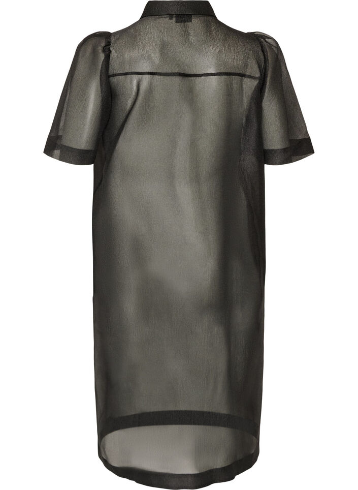 Organza jurk met puffmouwen en borstzakken, Zwart, Packshot image number 1