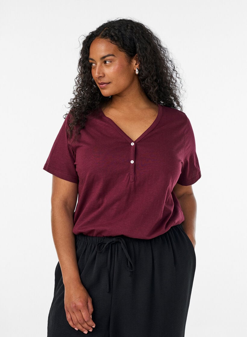 T-shirt met knoopdetail, Donker Bordeaux, Model image number 0