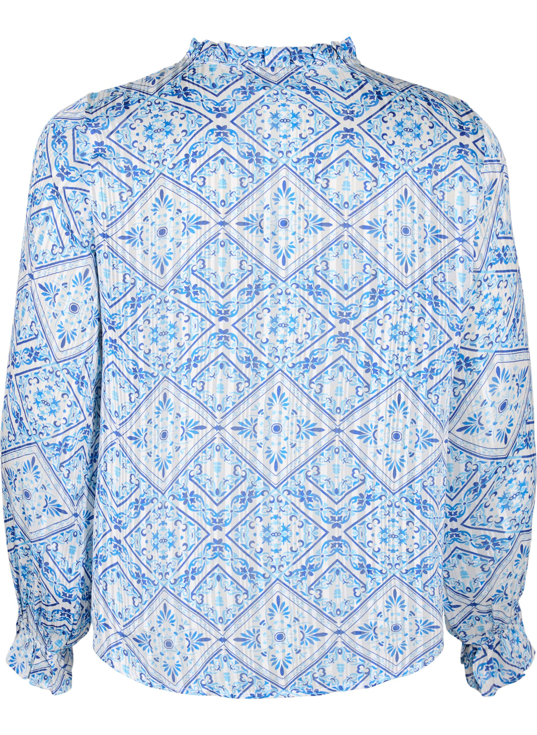 Zizzi Blouse met lange mouwen, ruches en print, Beige, Packshot image number 1
