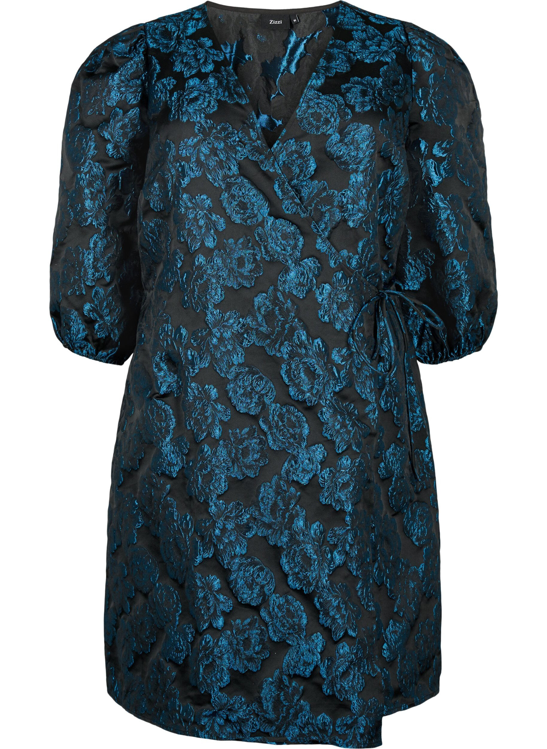 Zizzi Jacquard wikkeljurk met 3/4 mouwen, Black Blue, Packshot image number 0
