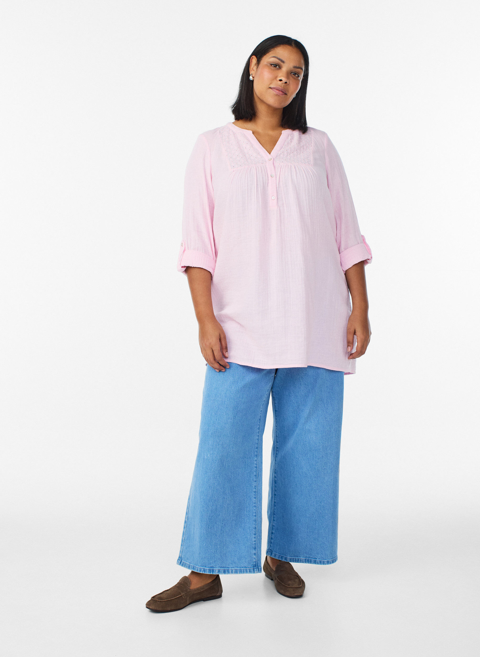 Zizzi Katoenen mousseline tuniek met broderie anglaise, Roze, Model image number 1