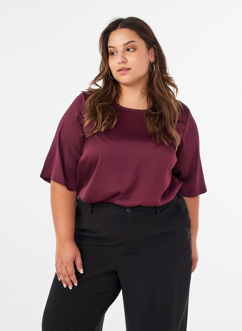 Satijnen blouse met ellebooglange mouwen, Rood, Model image number 0