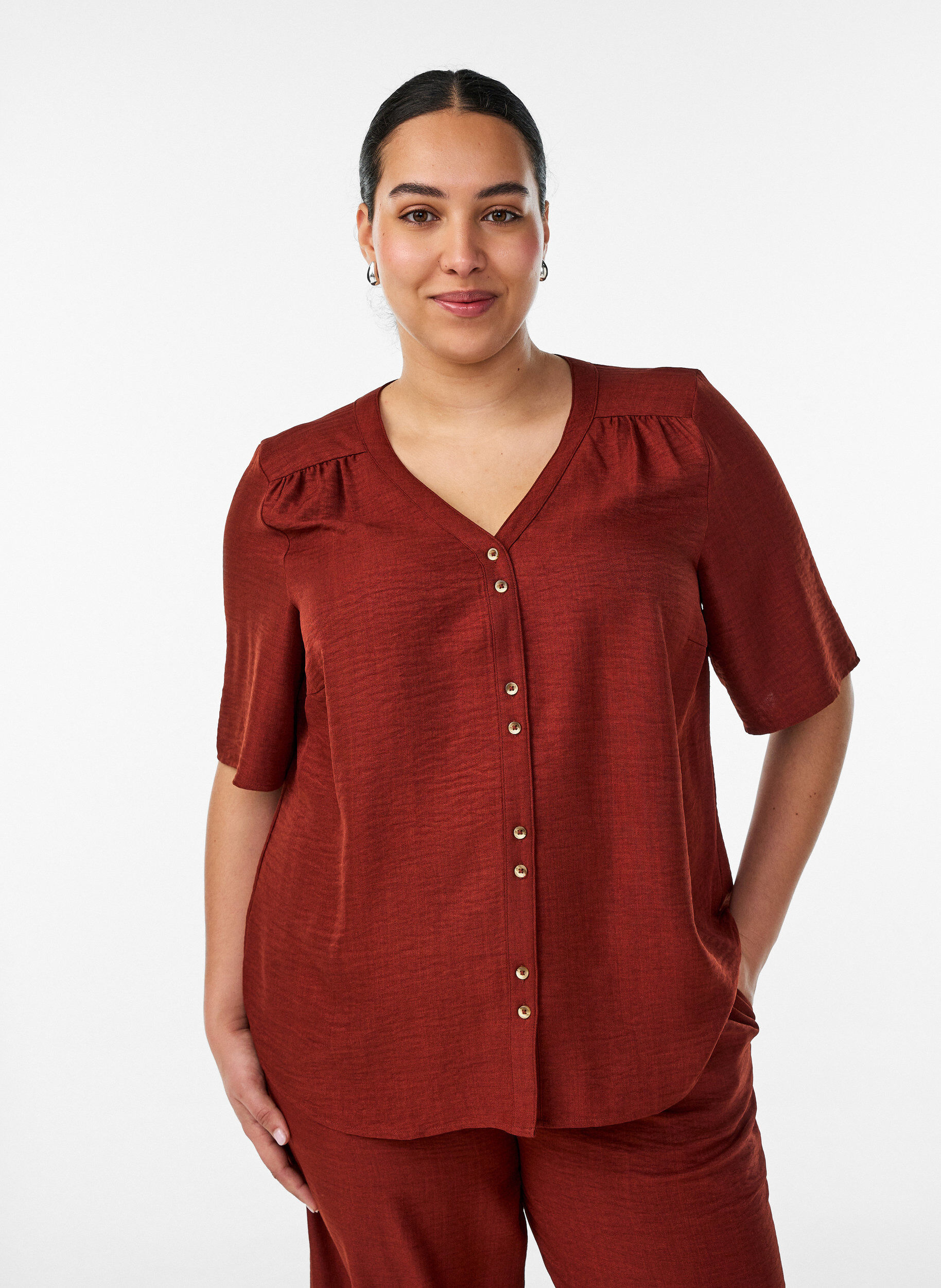 ZizziOverhemd blouse met V-hals en korte mouwen, Rood, Model image number 0