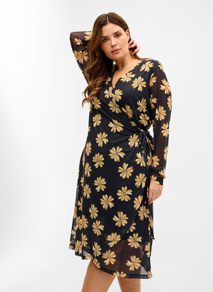 Mesh jurk met print en overslag, Black w Yellow, Model image number 0