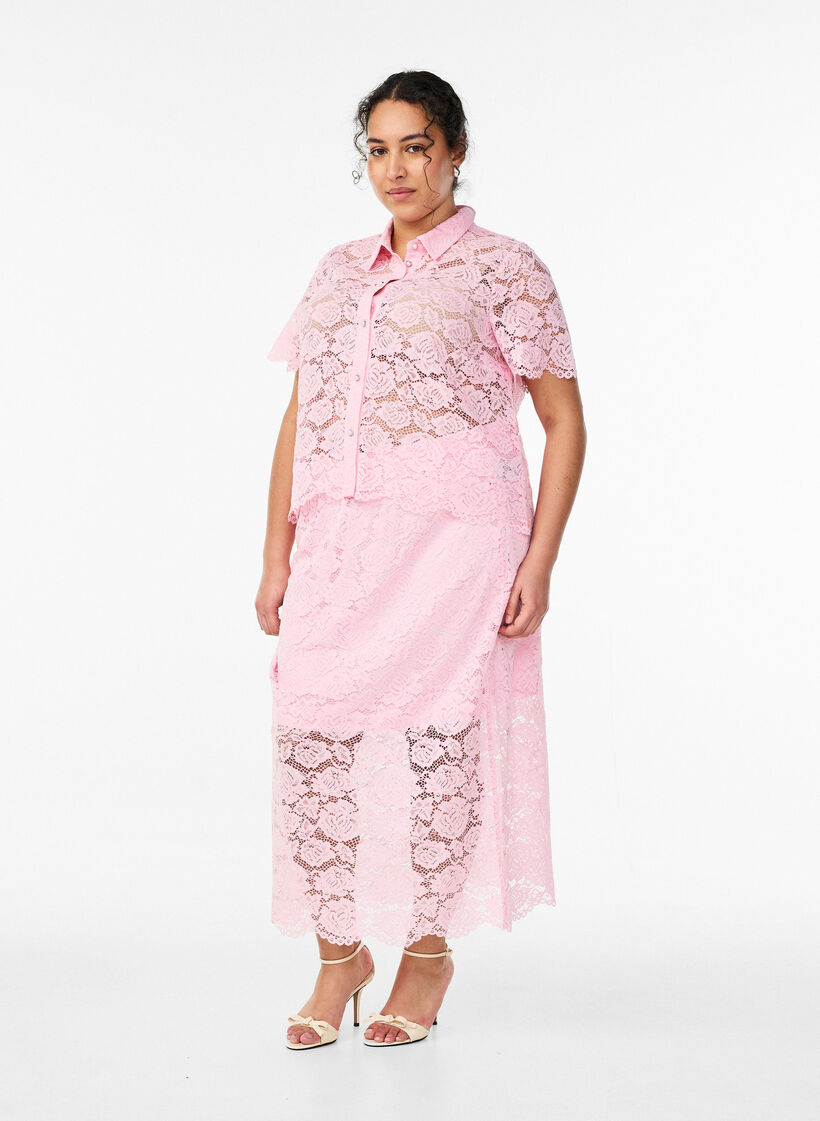 Kanten midirok met een elastische tailleband, Roze, Model image number 0