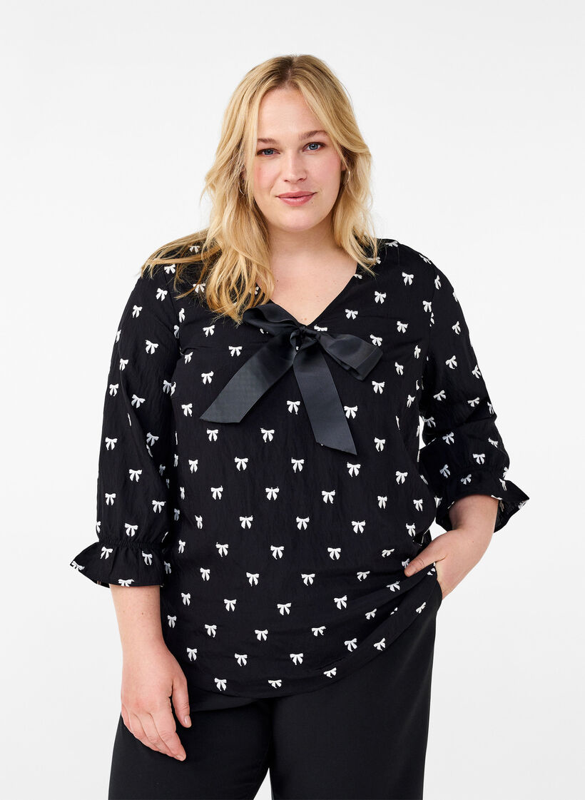 Blouse met strikjes en 3/4 mouwen, Black White Bow, Model image number 0
