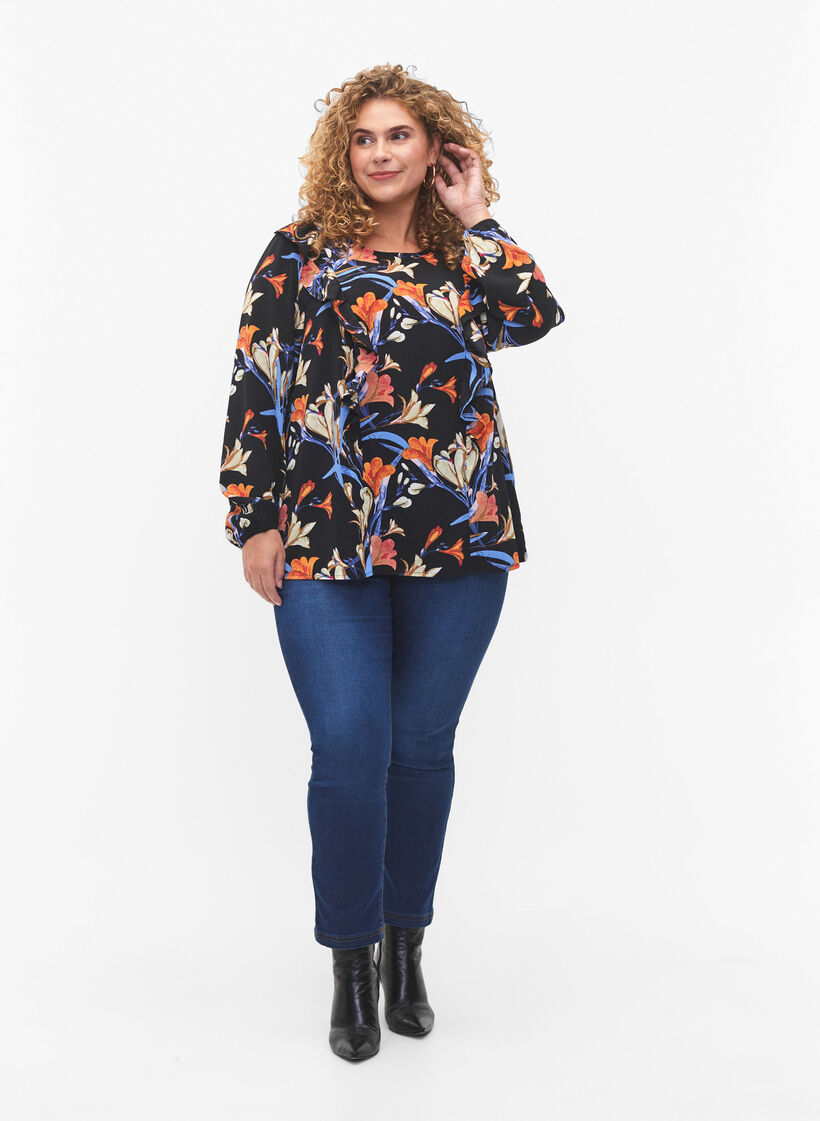 Blouse met lange mouwen en ruches, Black Flower AOP, Model image number 2