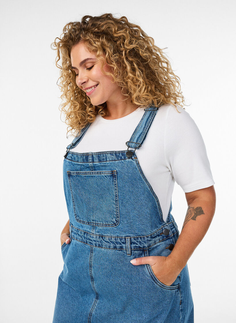Midi denim overall jurk, Blauw, Model image number 2