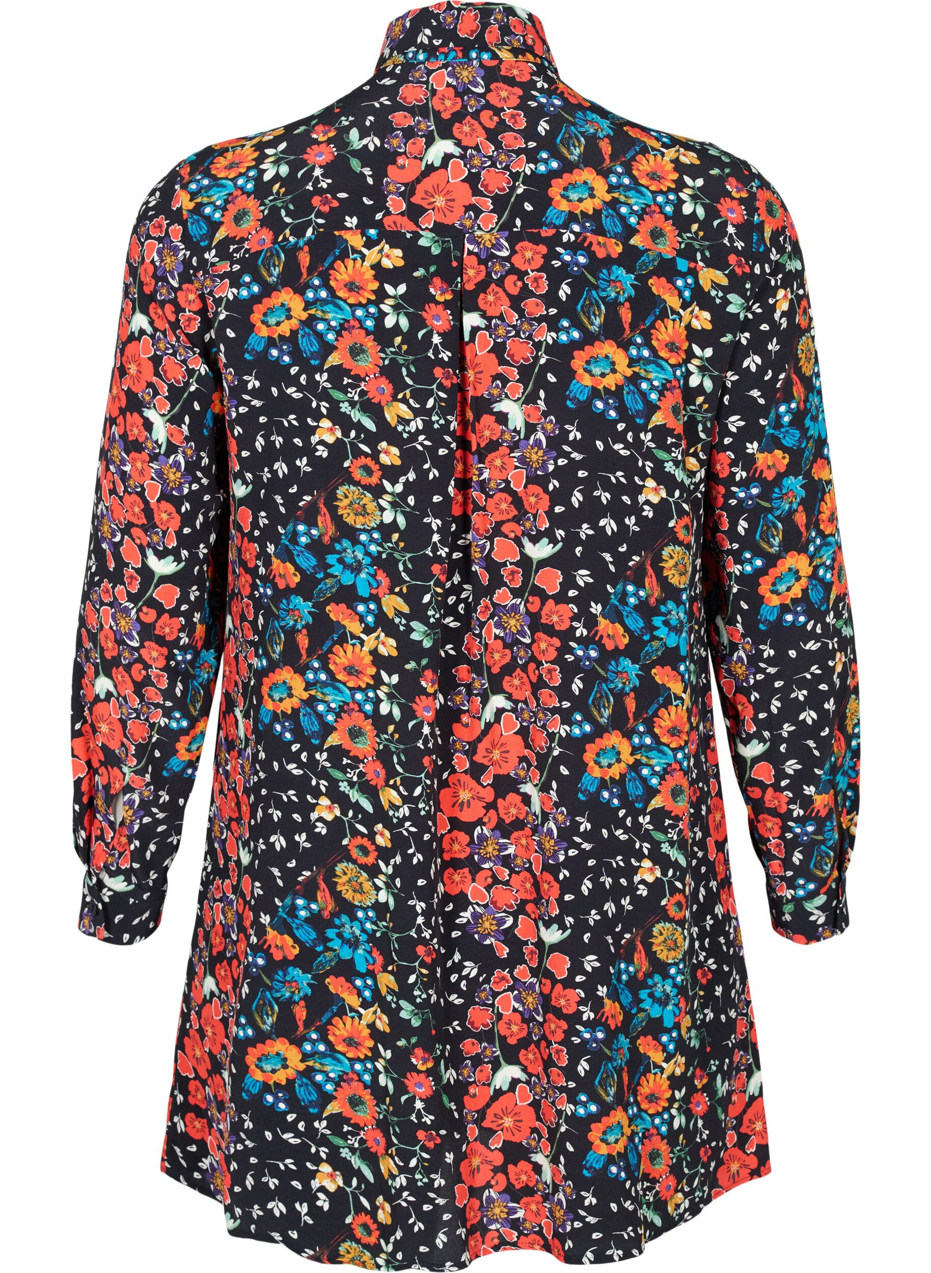 Zizzi Lang viscose overhemd met bloemenprint, Black Flower, Packshot image number 1