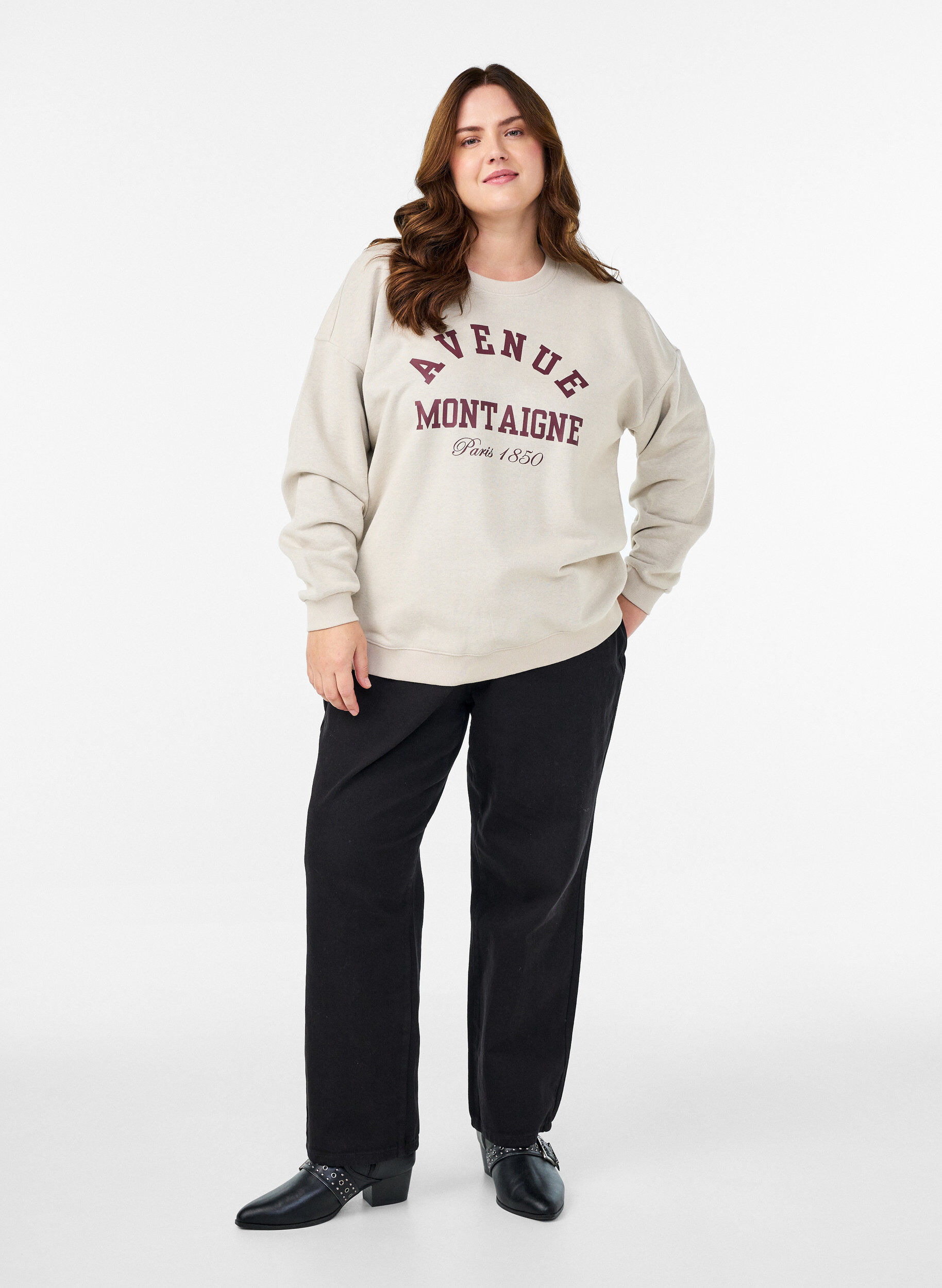 Zizzi Sweatshirt met tekst aan de voorkant, Beige, Model image number 1
