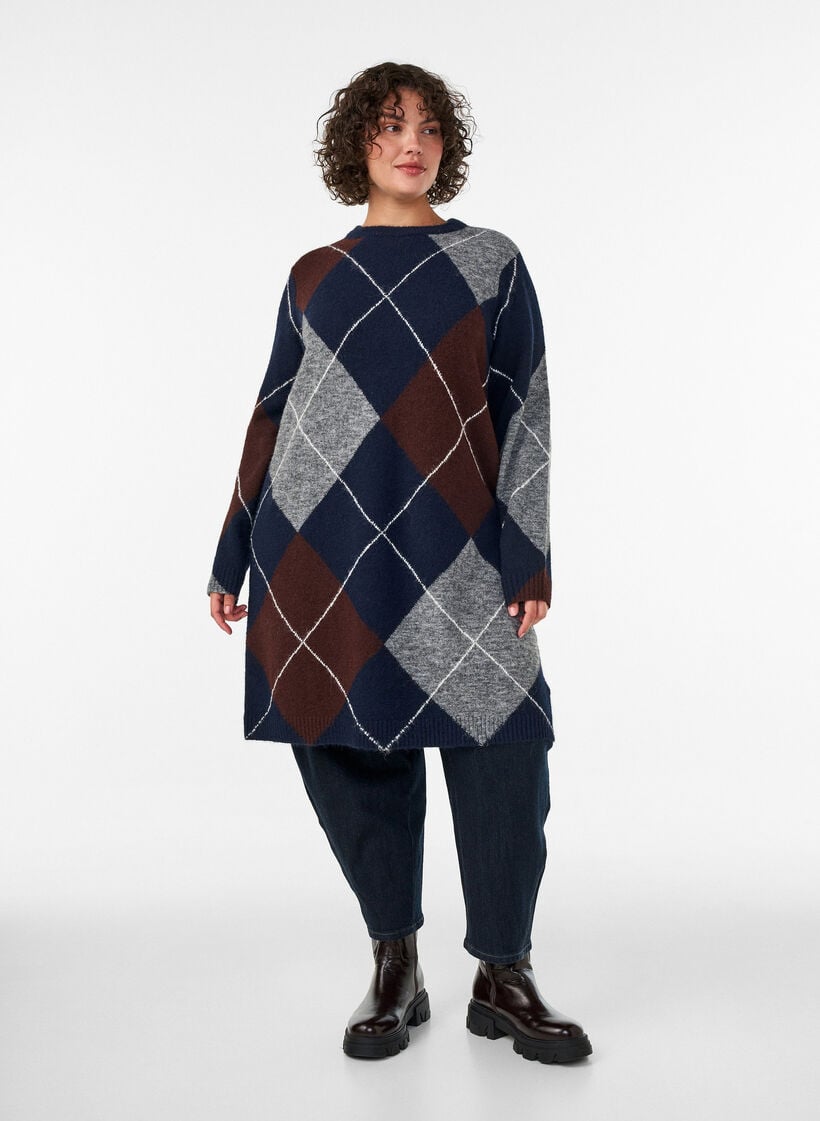 Gebreide jurk met groot ruitpatroon, Blauw, Model