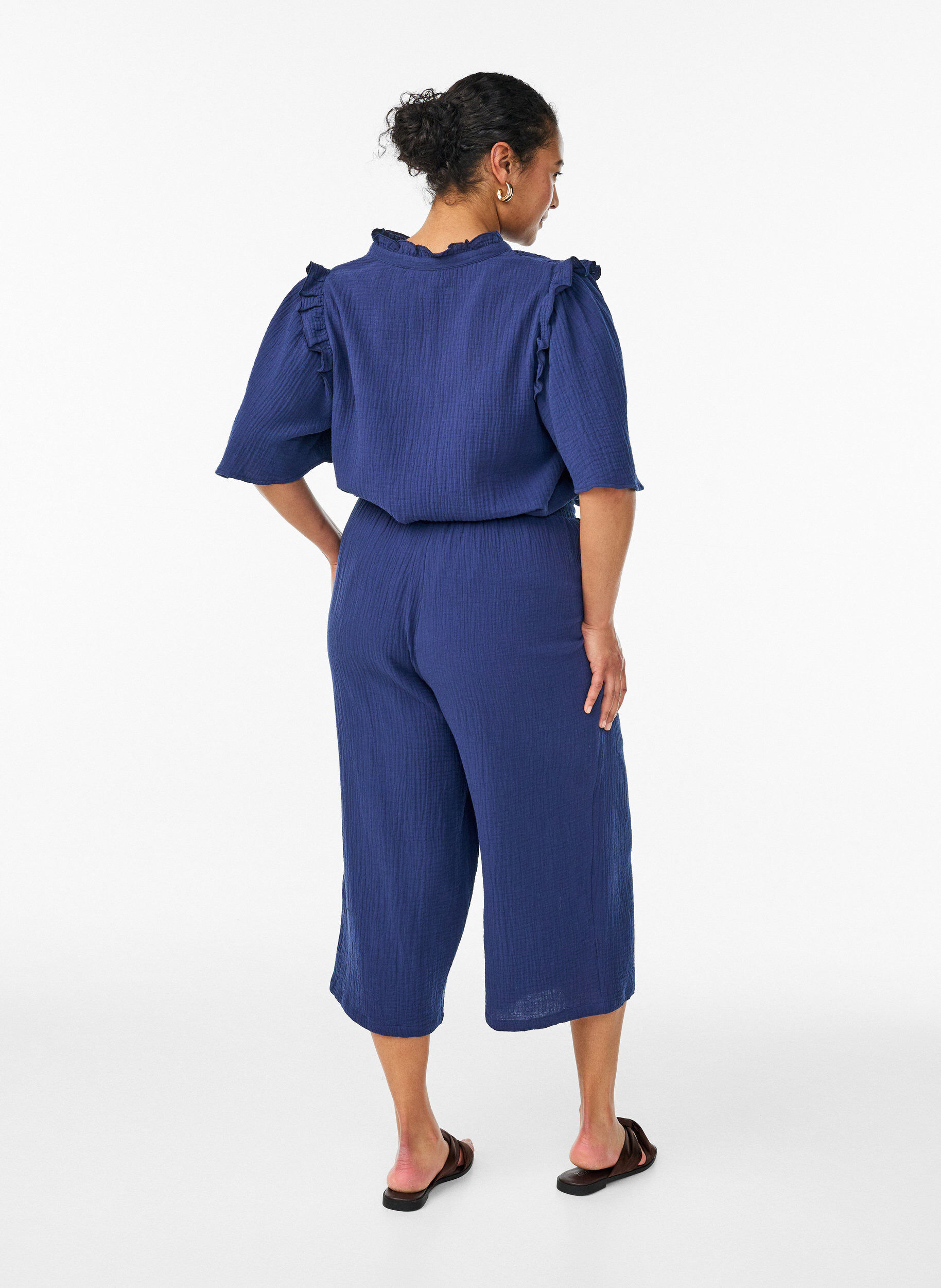 Zizzi Culotte broek van katoen met hoge taille, Blauw, Model image number 1