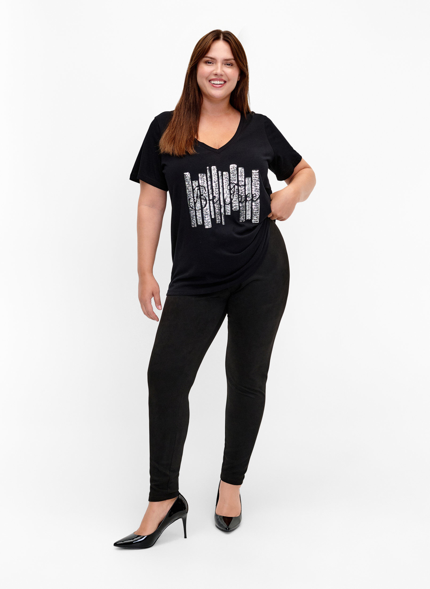 Zizzi Katoenen T-shirt met pailletten, Black W. Be free, Model image number 2