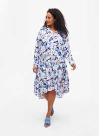 Bedrukte viscose midi-jurk met lange mouwen, Blue Graphic AOP, Model