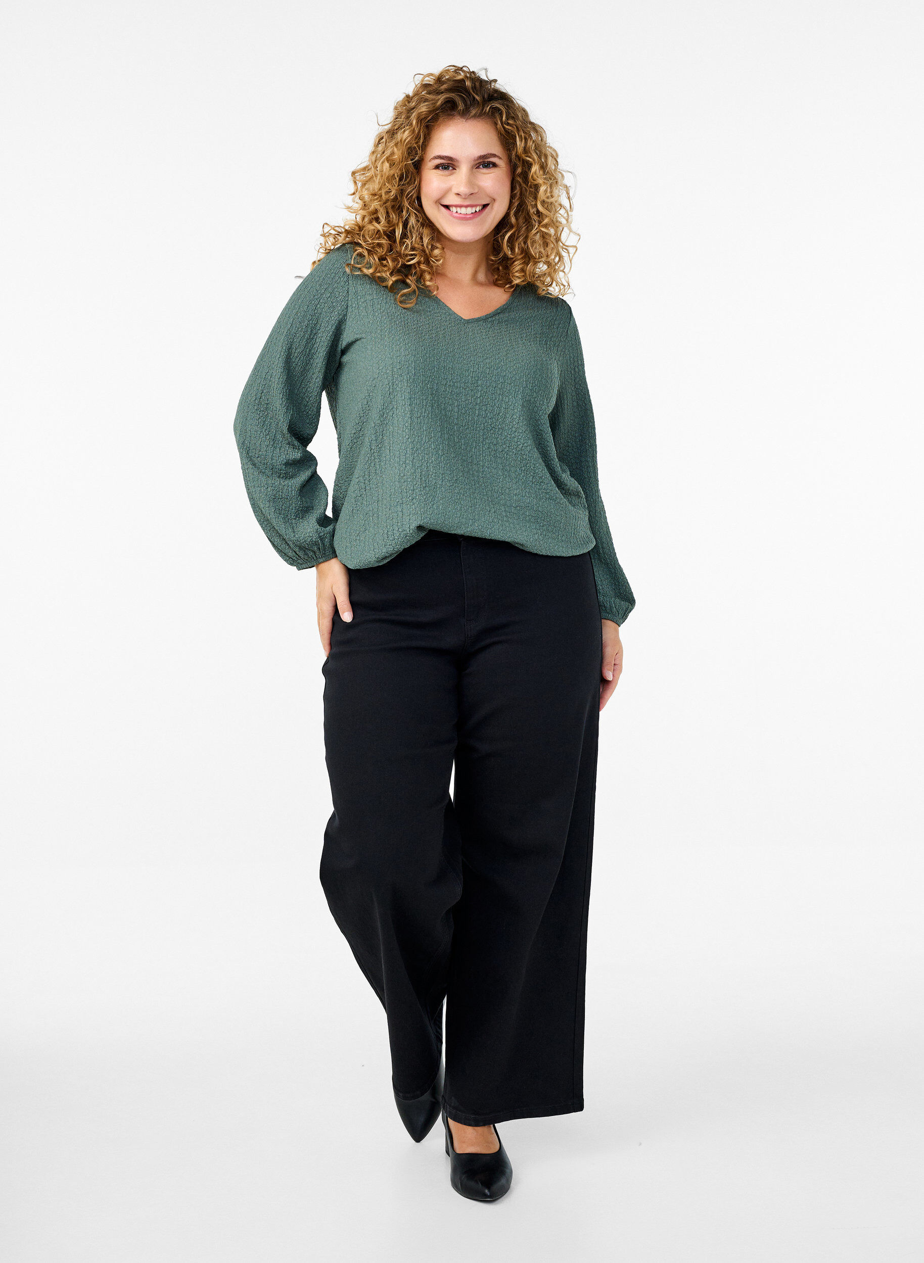 Zizzi FLASH - Blouse met textuur en lange mouwen, Balsam Green, Model image number 2