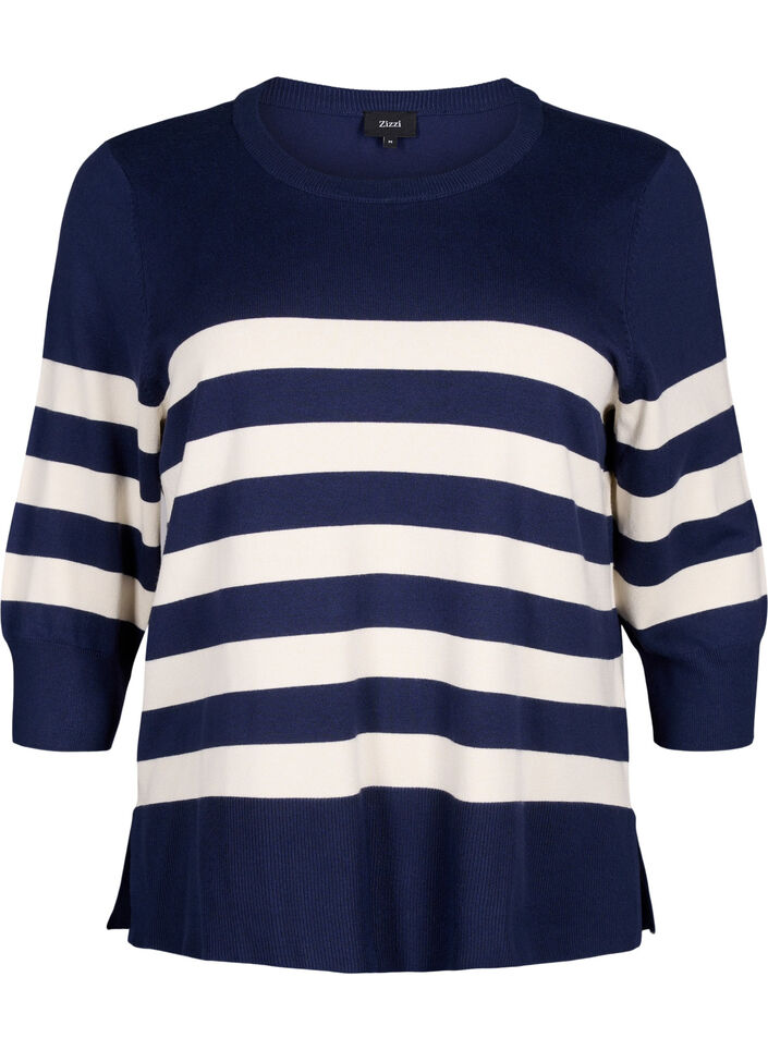 Gestreepte pullover van viscose met 3/4 mouwen, Navy Blazer/Birch, Packshot image number 0