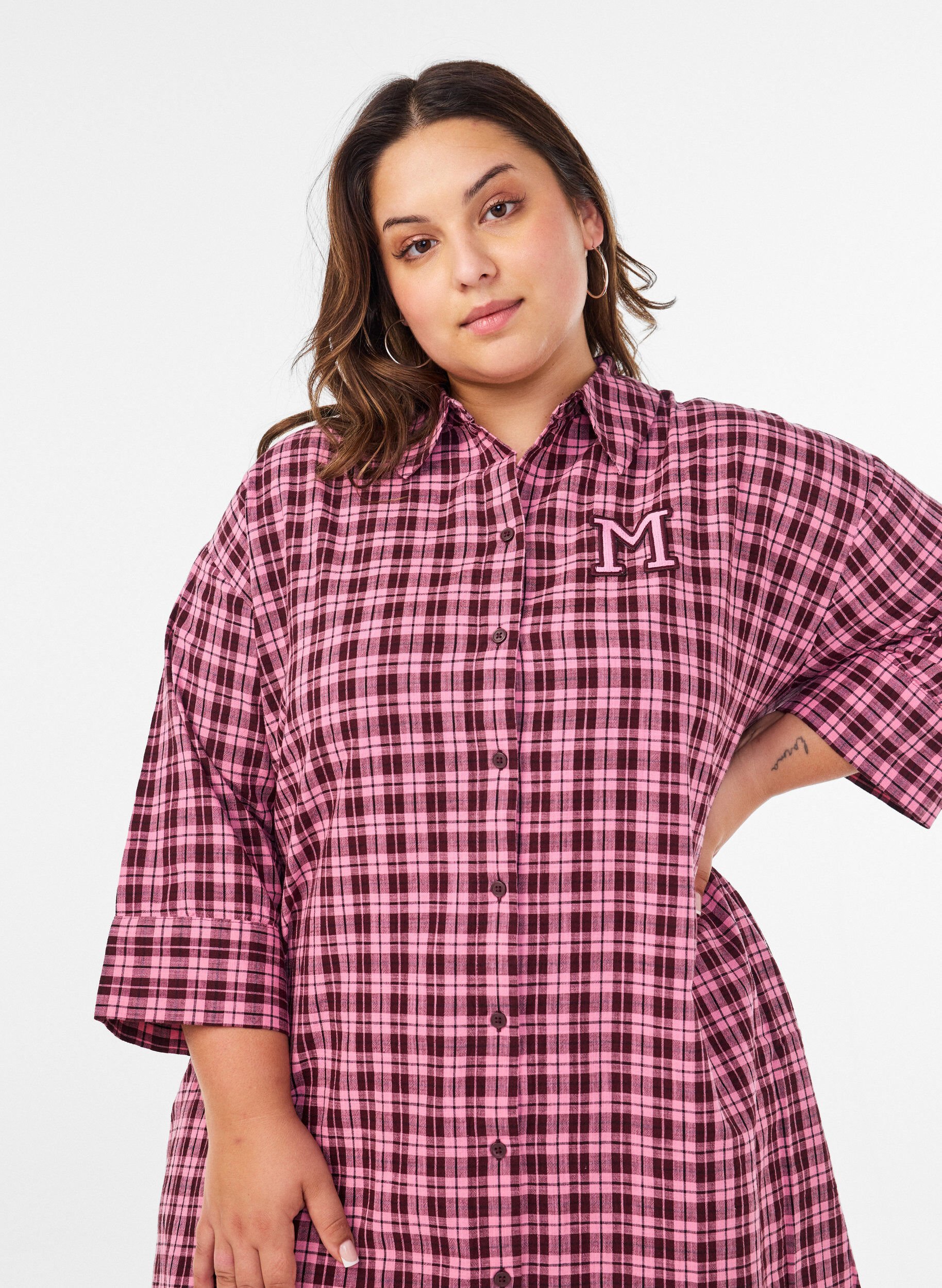 ZizziLange geruite overhemd met 3/4 mouwen, Roze, Model image number 2