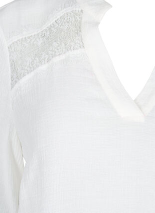 Viscose blouse met 3/4 mouwen en kant detail, Bright White, Packshot image number 2