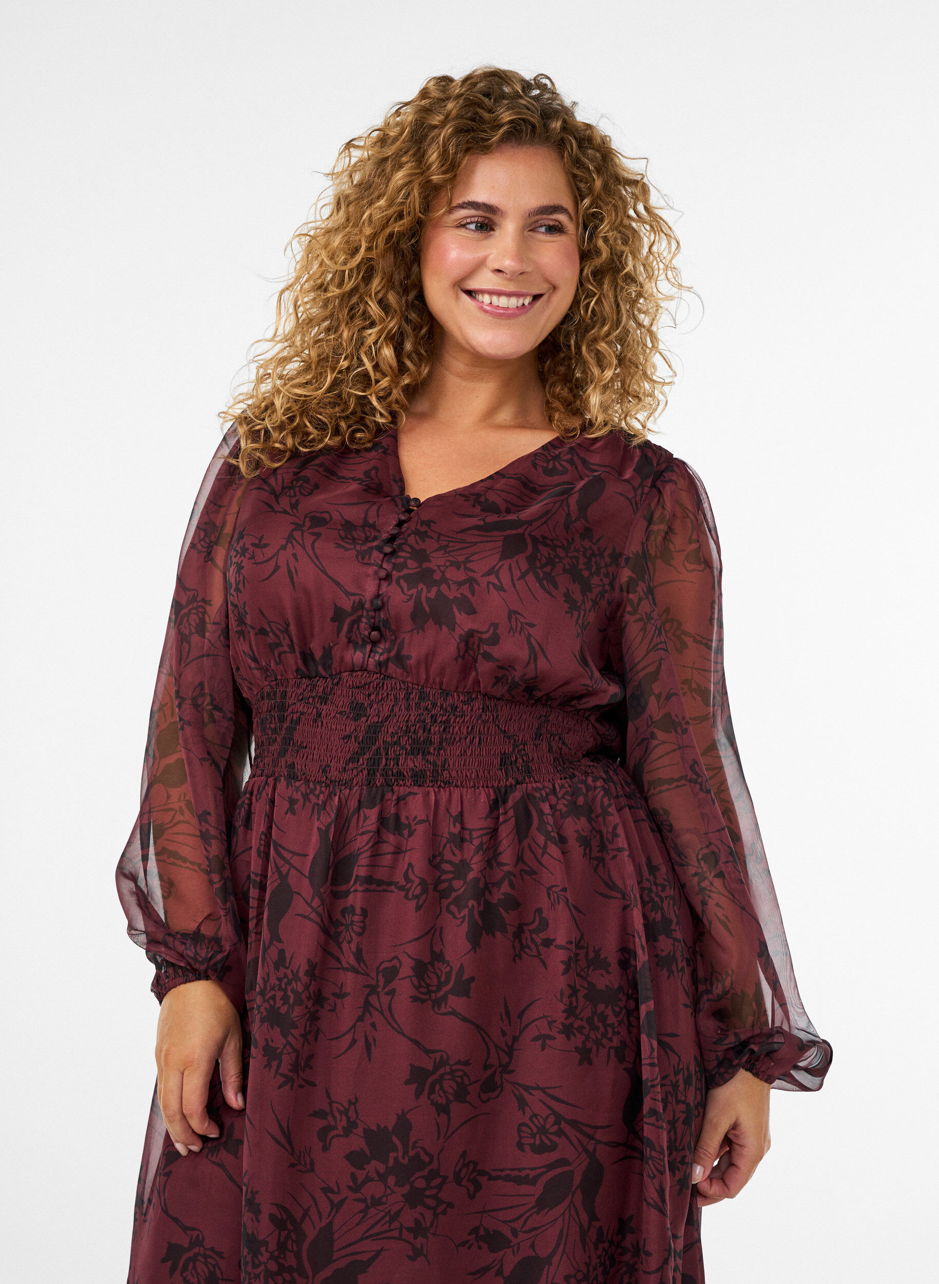 ZizziMaxi-jurk met bloemenprint en smokwerk, Donker Bordeaux, Model image number 2