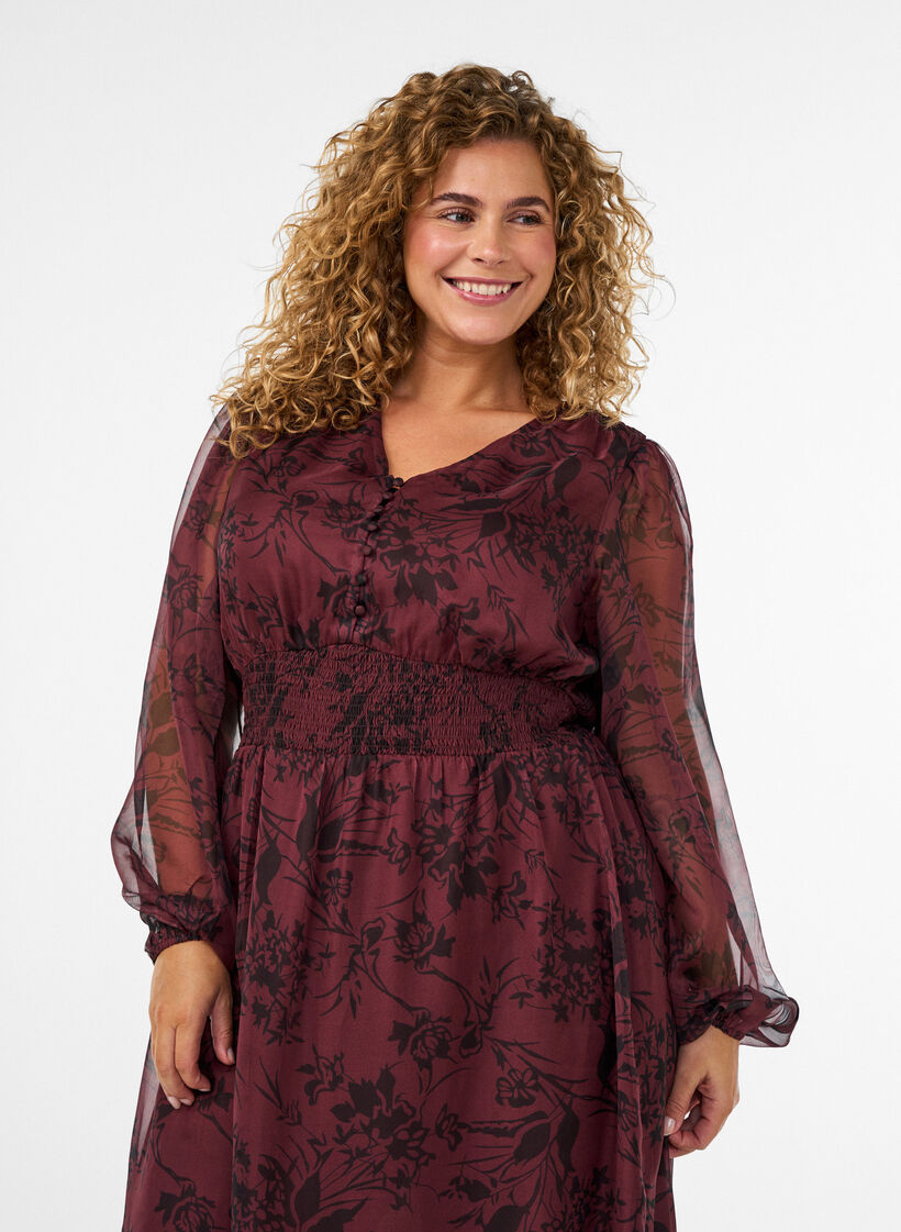 Maxi-jurk met bloemenprint en smokwerk, Donker Bordeaux, Model image number 2